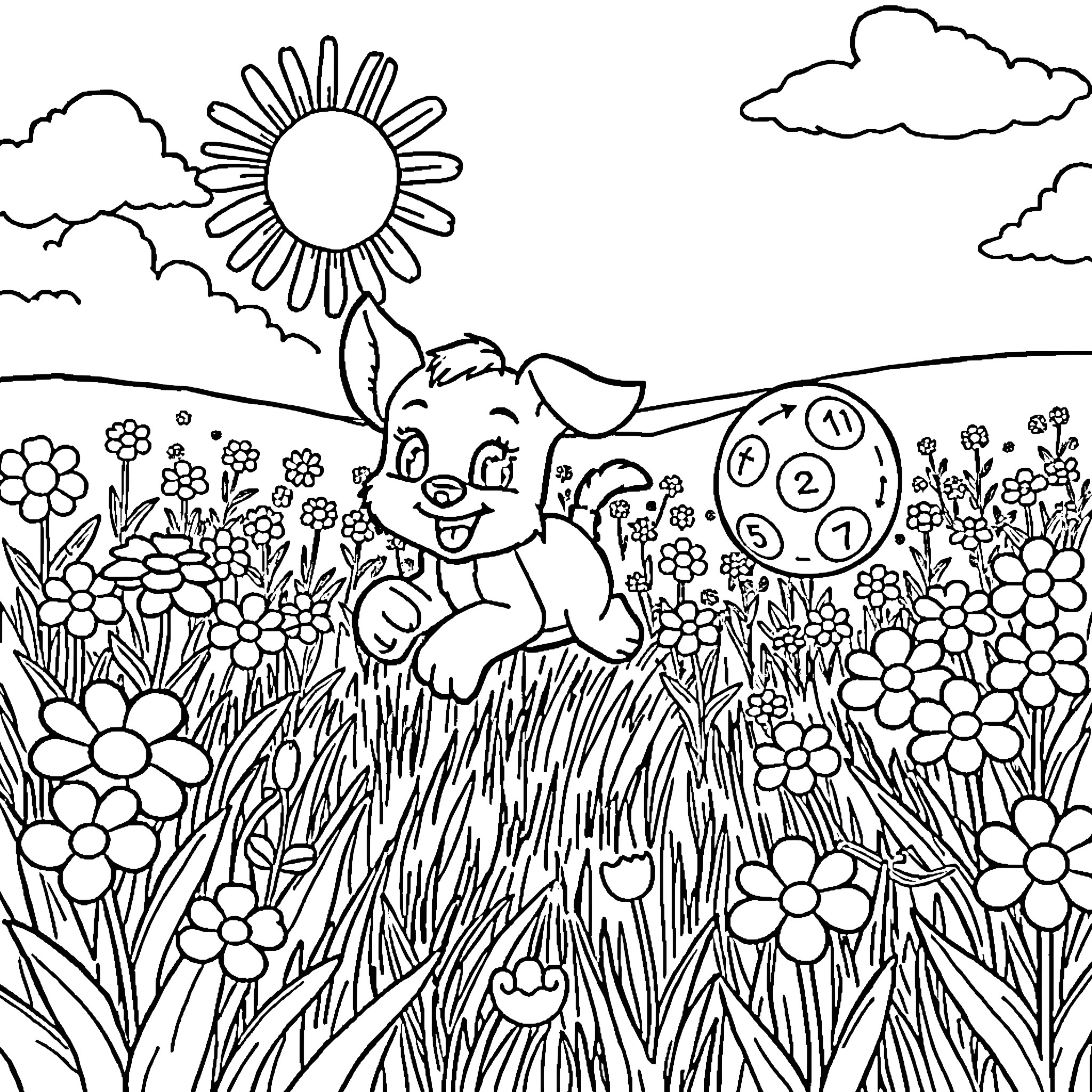 Bluey playing cheerfully in a flowery meadow Coloring Page (free black-and-white line drawing printable PDF for all, from beginners to advanced learners, including children, teens, adults, and seniors)