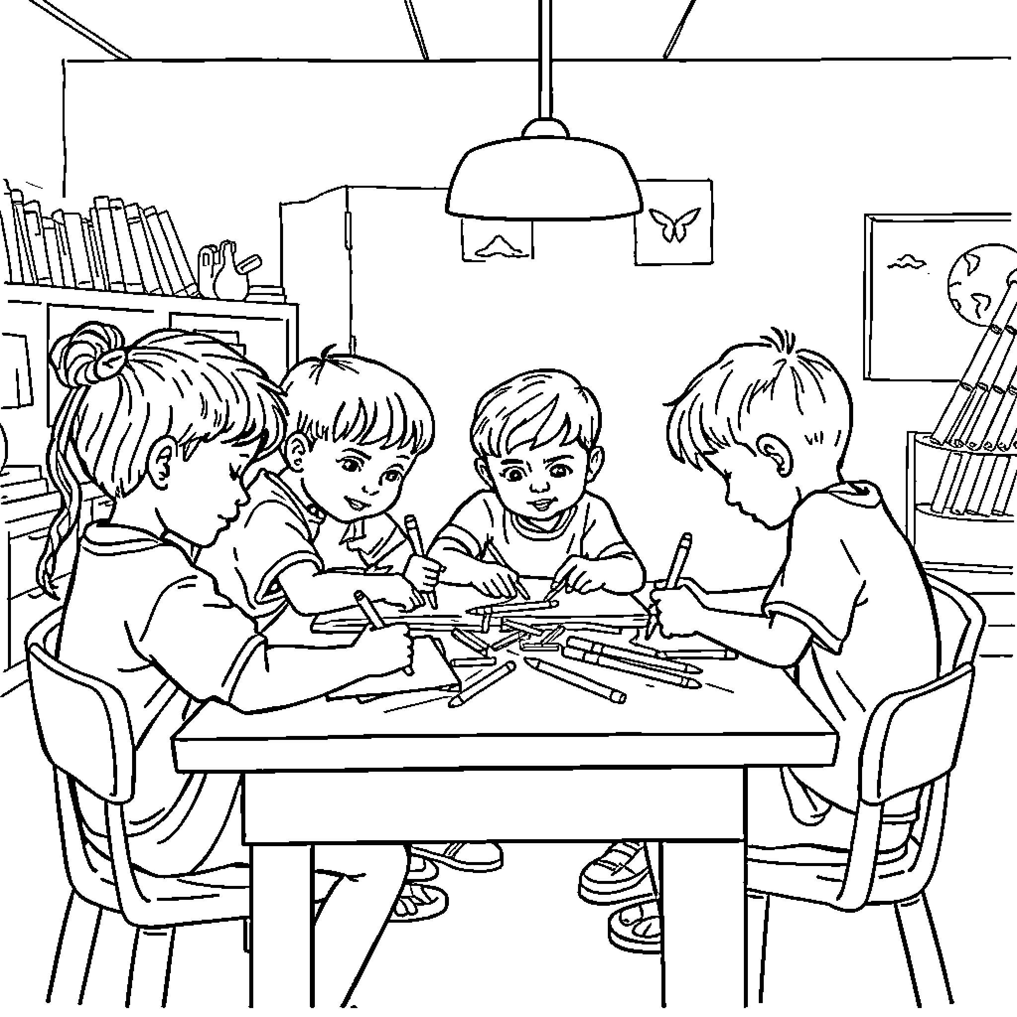 Classroom Children Engaged in Artistic Activities Coloring Page (free black-and-white line drawing printable PDF for all, from beginners to advanced learners, including children, teens, adults, and seniors)