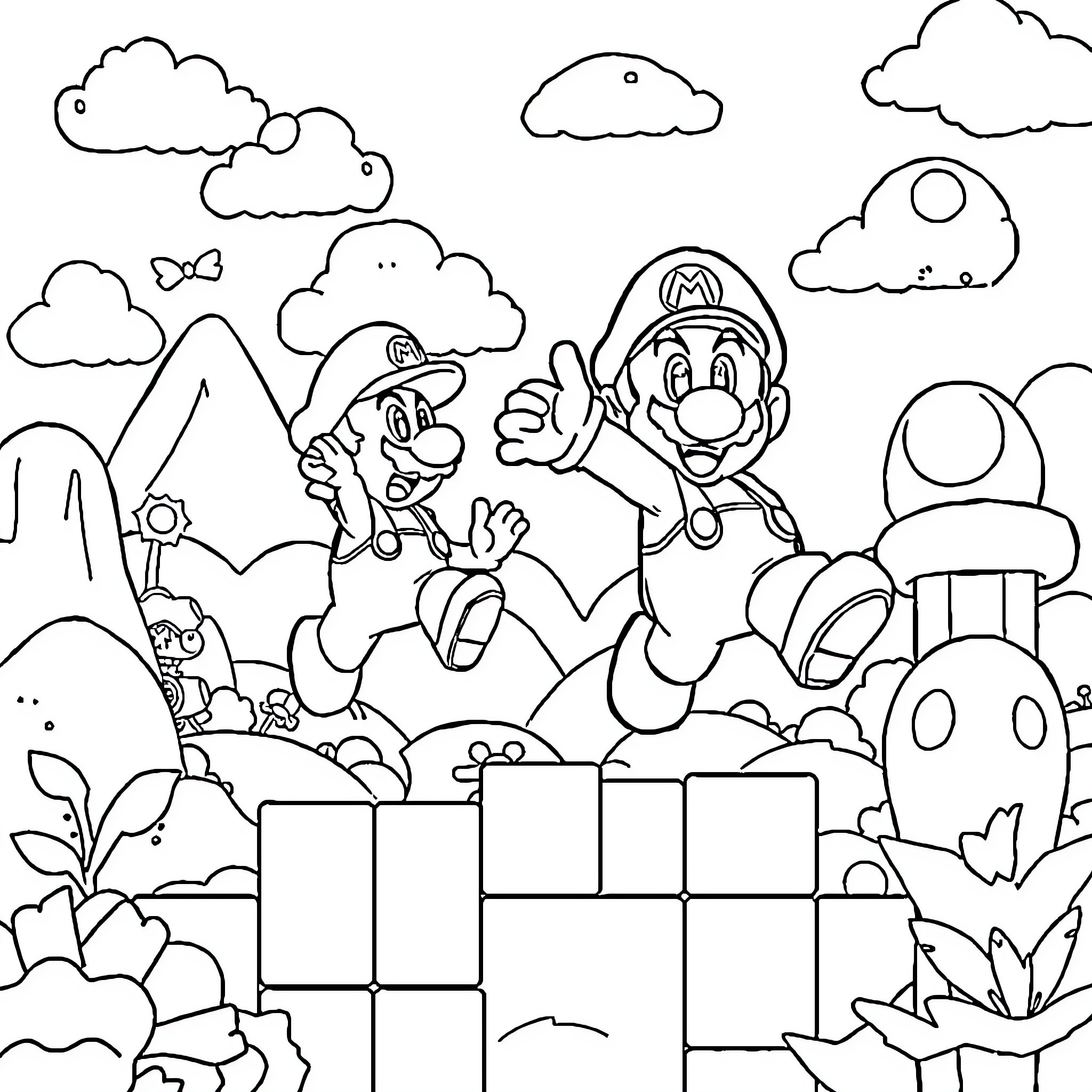 Mario's Adventurous Exploration in the Mushroom Kingdom Coloring Page (free black-and-white line drawing printable PDF for all, from beginners to advanced learners, including children, teens, adults, and seniors)