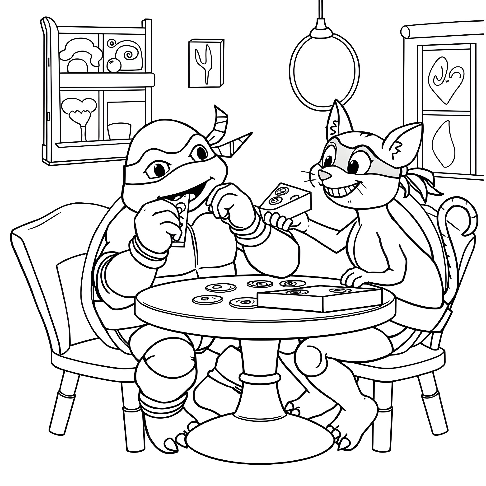 Mikey and Friends Enjoying a Playful Game Coloring Page (free black-and-white line drawing printable PDF for all, from beginners to advanced learners, including children, teens, adults, and seniors)