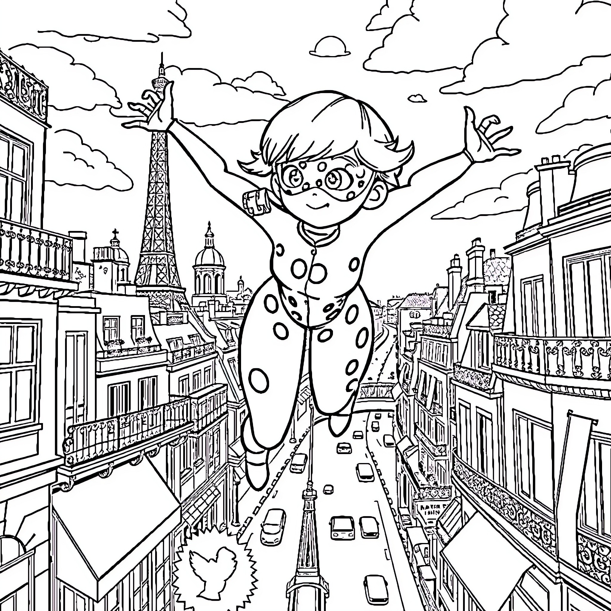 Ladybug soaring over the vibrant city of Paris Coloring Page (free black-and-white line drawing printable PDF for all, from beginners to advanced learners, including children, teens, adults, and seniors)