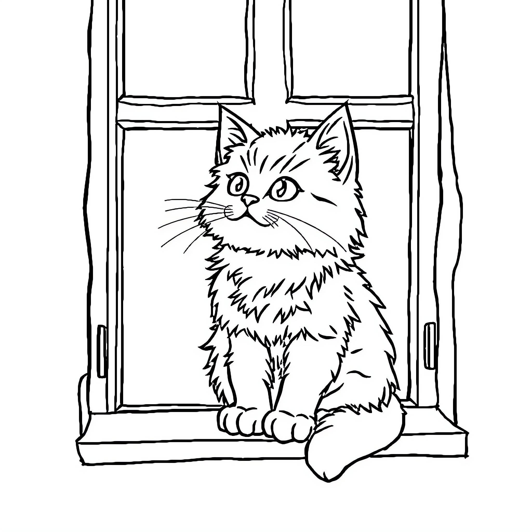 Cat sitting at the window Coloring Page (free black-and-white line drawing printable PDF for all, from beginners to advanced learners, including children, teens, adults, and seniors)