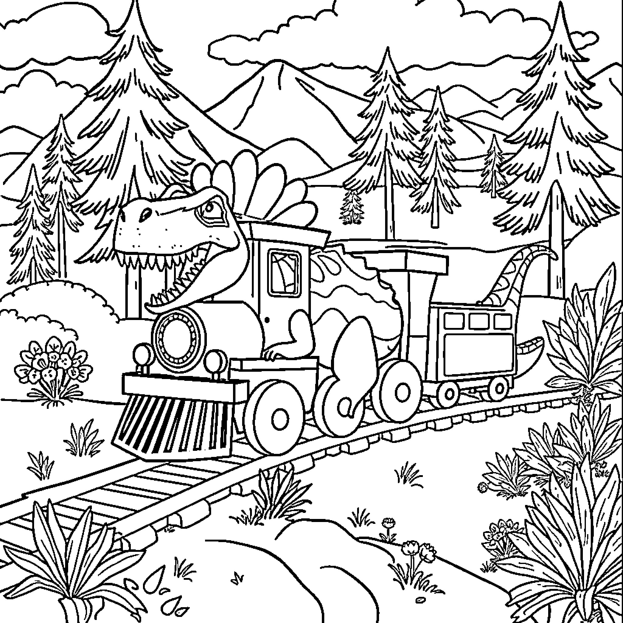 Dinosaur riding a train through the forest Coloring Page (free black-and-white line drawing printable PDF for all, from beginners to advanced learners, including children, teens, adults, and seniors)