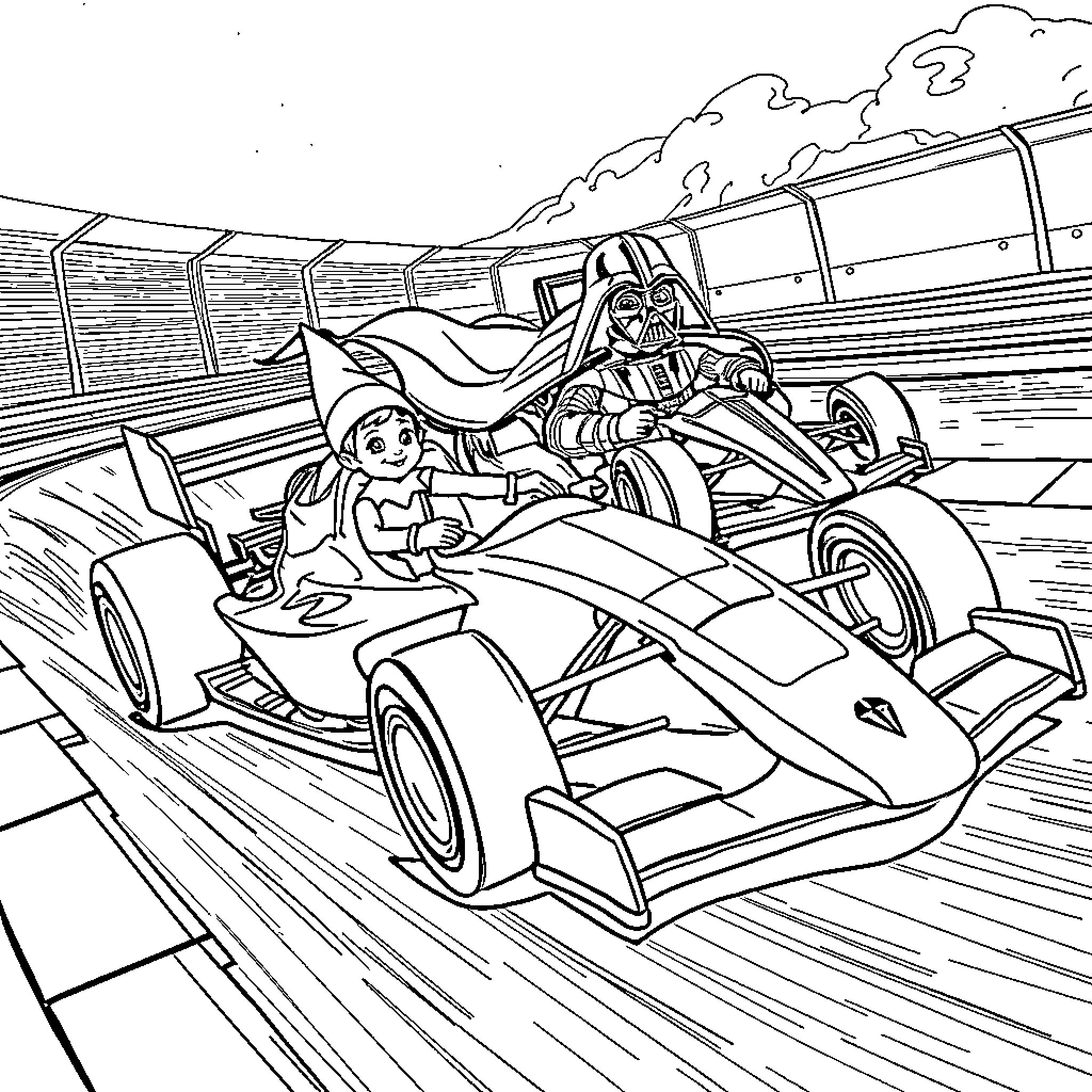 Elf riding a high-speed racing car on the track Coloring Page (free black-and-white line drawing printable PDF for all, from beginners to advanced learners, including children, teens, adults, and seniors)