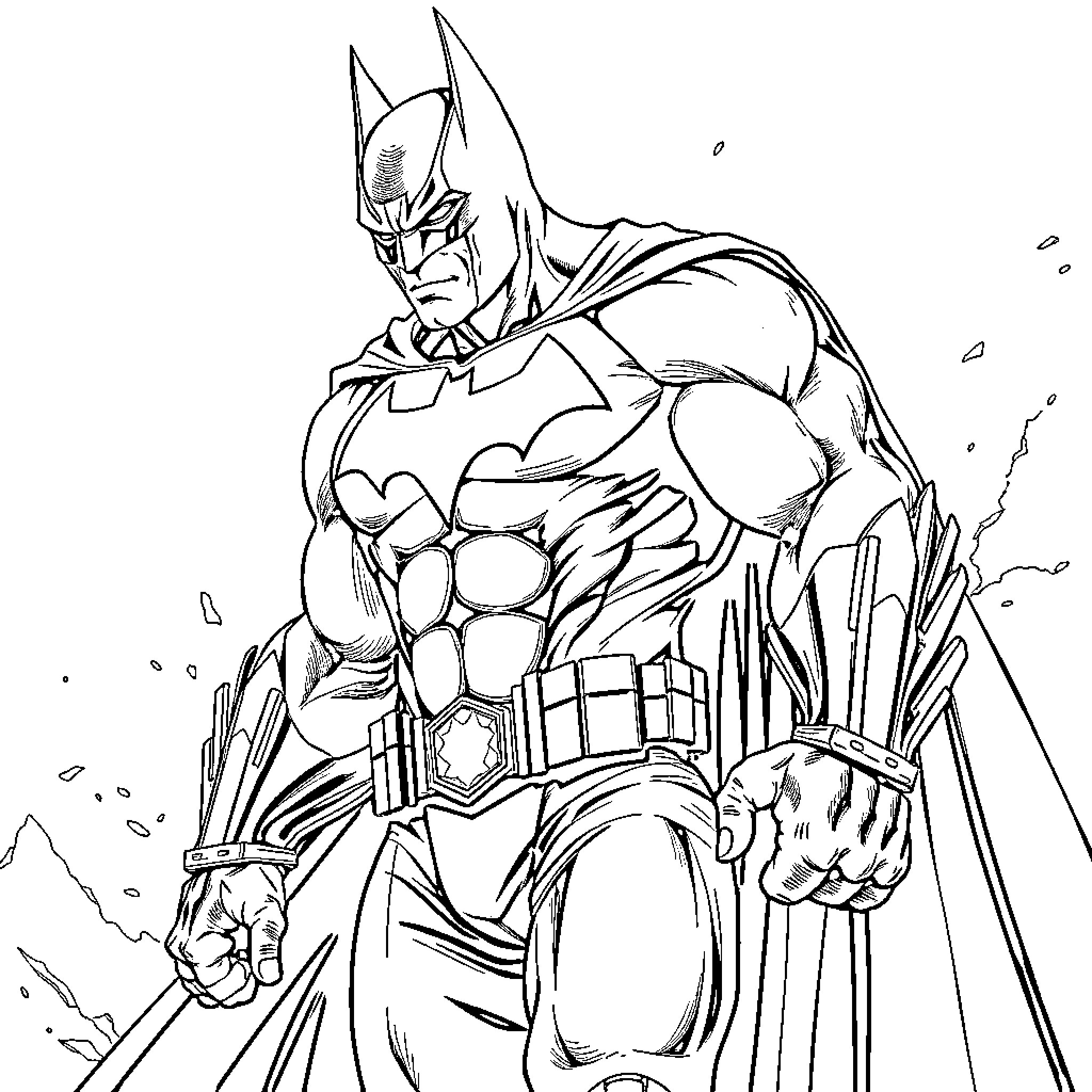 Batman in intense action pose Coloring Page (free black-and-white line drawing printable PDF for all, from beginners to advanced learners, including children, teens, adults, and seniors)