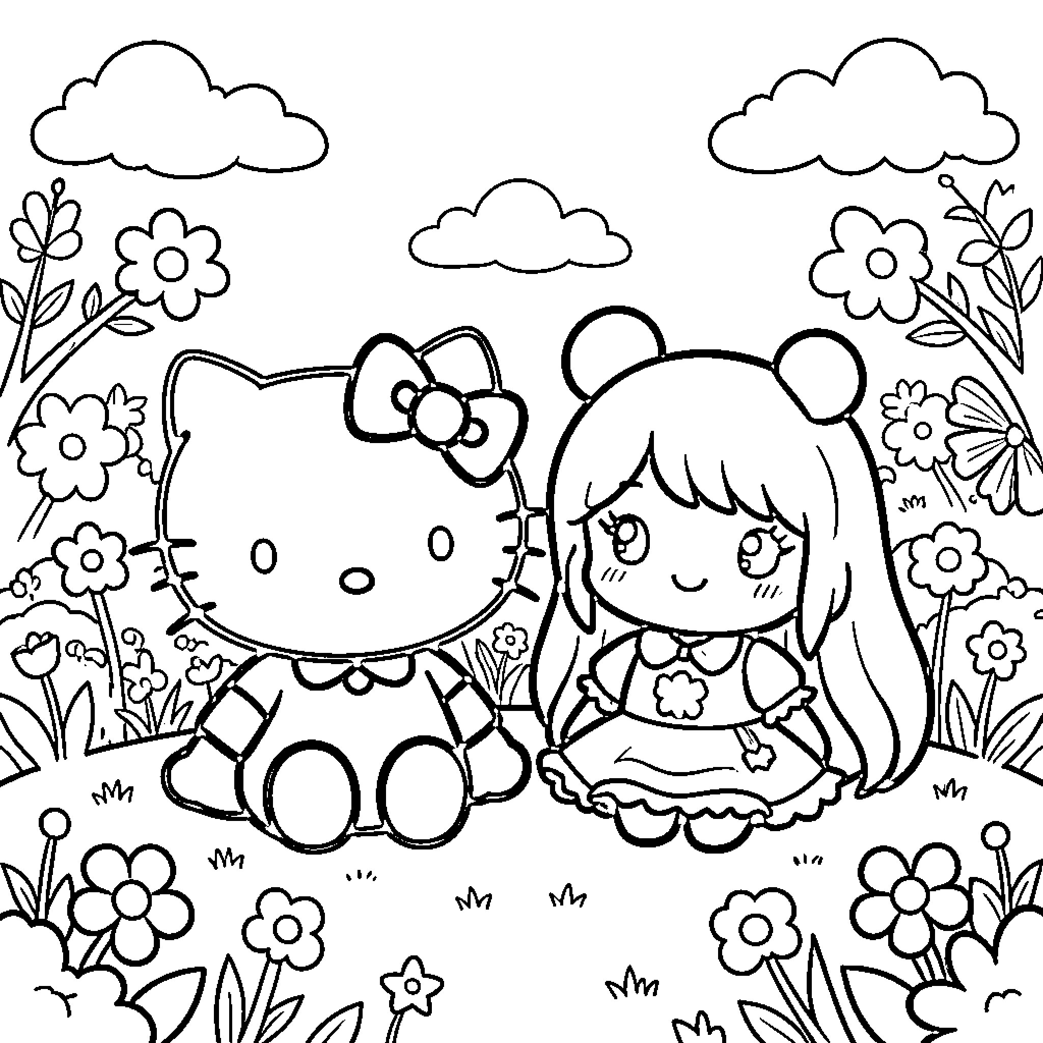 Hello Kitty and Friend Enjoying Floral Landscape Coloring Page (free black-and-white line drawing printable PDF for all, from beginners to advanced learners, including children, teens, adults, and seniors)