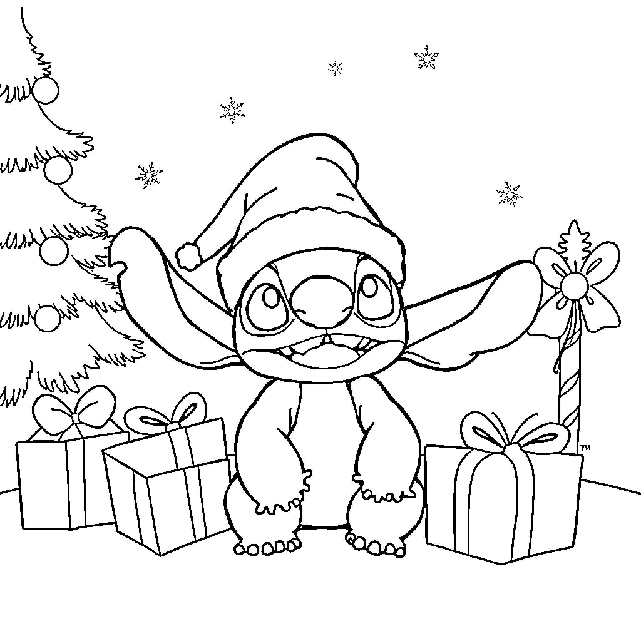 Stitch celebrates winter holiday with gifts Coloring Page (free black-and-white line drawing printable PDF for all, from beginners to advanced learners, including children, teens, adults, and seniors)