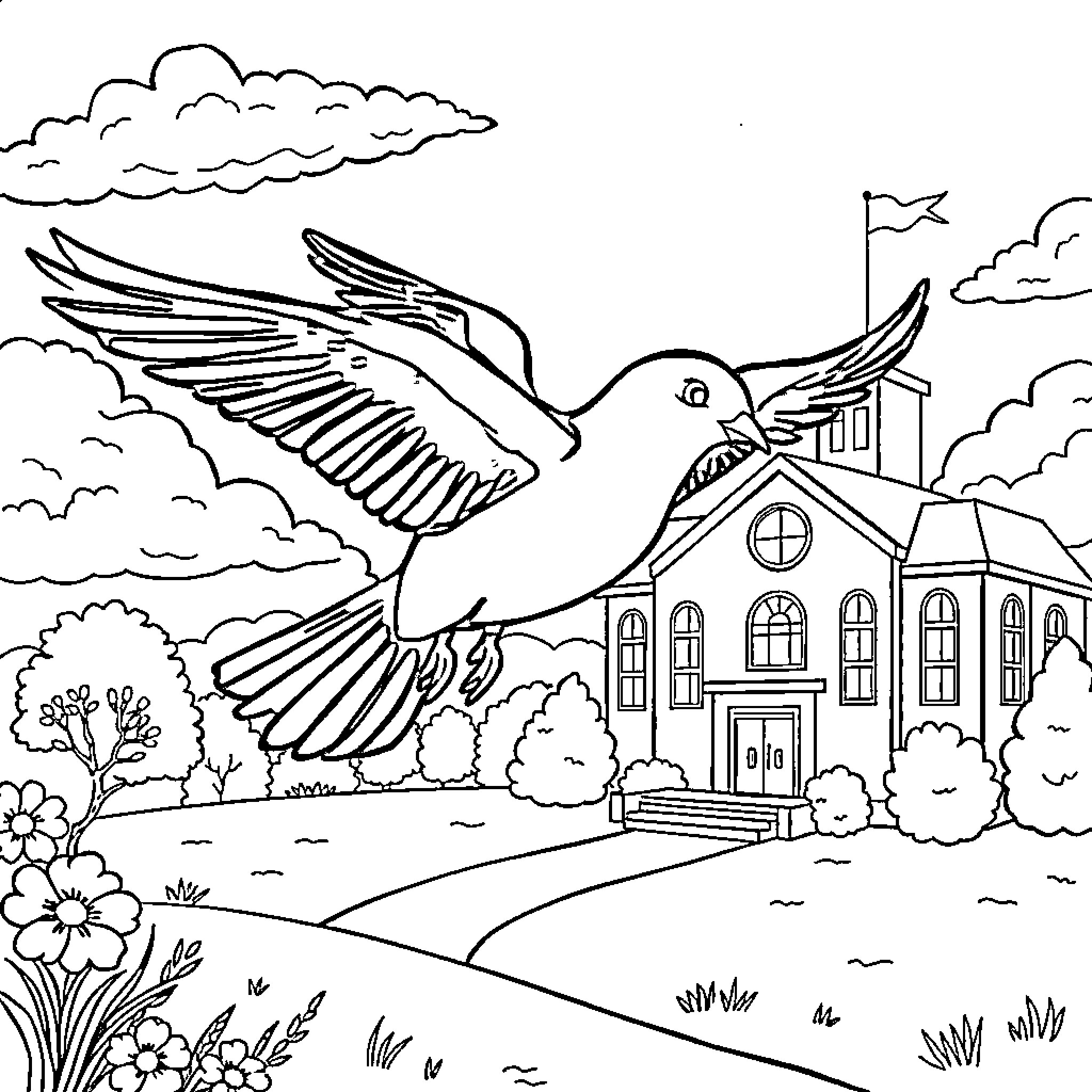 UFO Hummingbird visits picturesque countryside scene Coloring Page (free black-and-white line drawing printable PDF for all, from beginners to advanced learners, including children, teens, adults, and seniors)