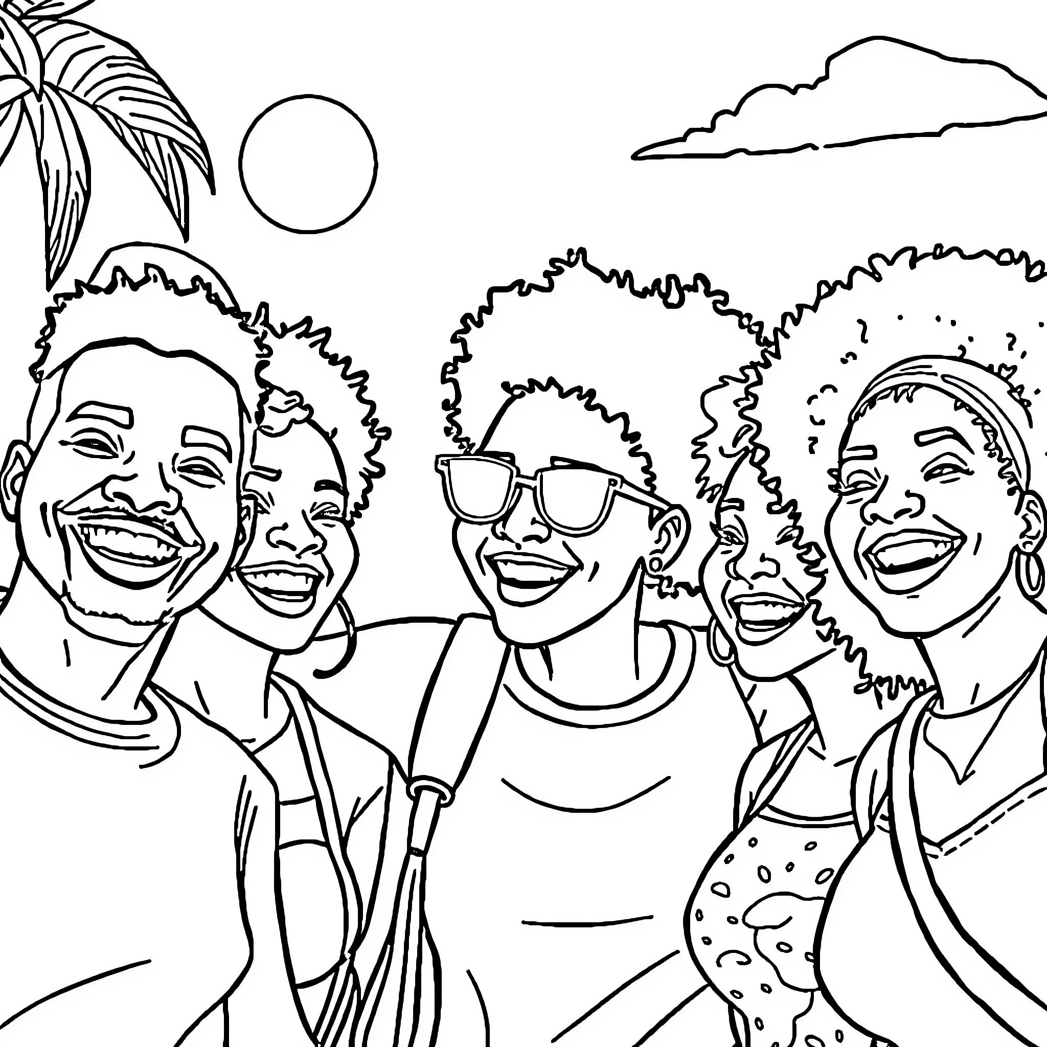 Person sharing a joyful moment with friends in a tropical setting Coloring Page (free black-and-white line drawing printable PDF for all, from beginners to advanced learners, including children, teens, adults, and seniors)