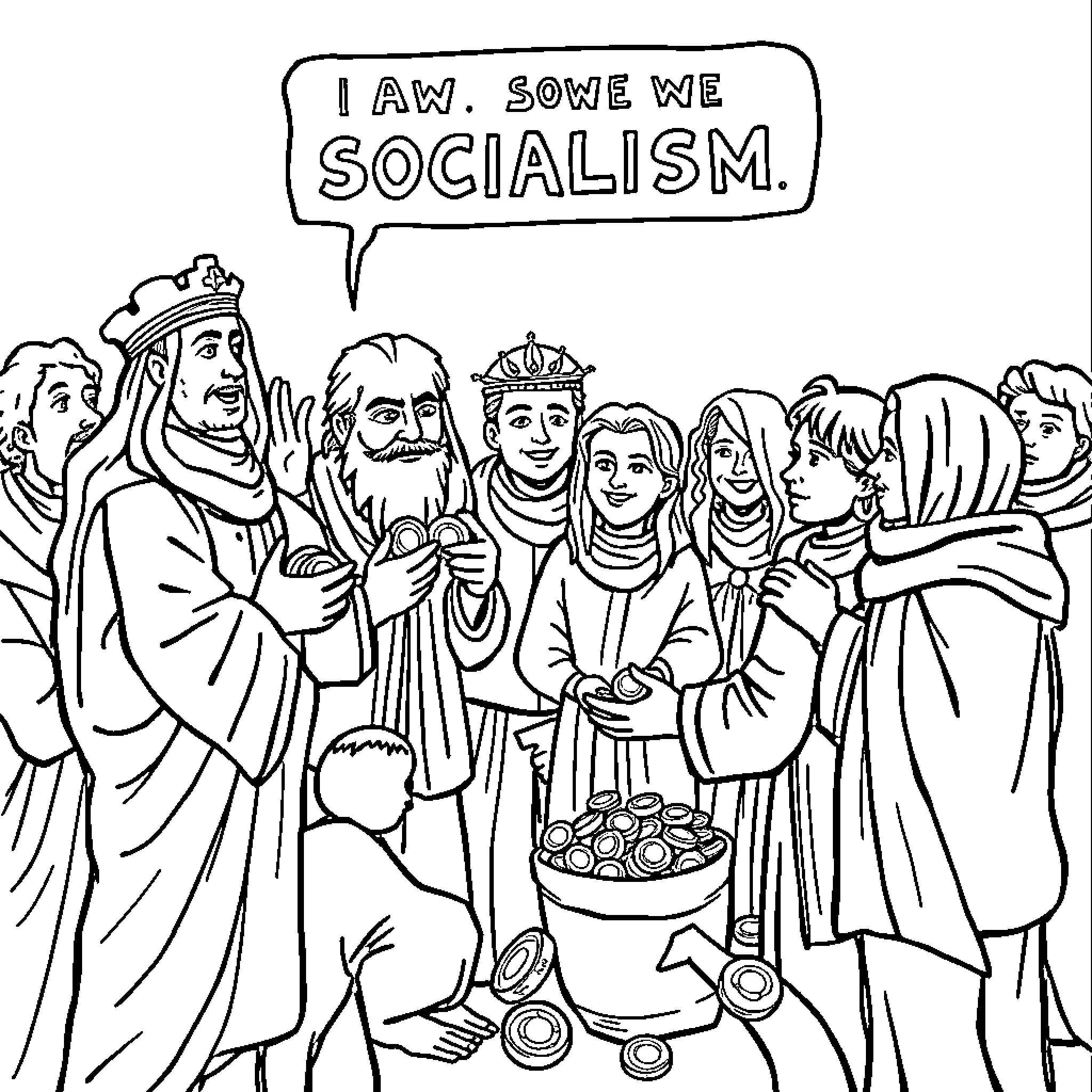 Socialism: People Gathering and Advocating for Change Coloring Page (free black-and-white line drawing printable PDF for all, from beginners to advanced learners, including children, teens, adults, and seniors)