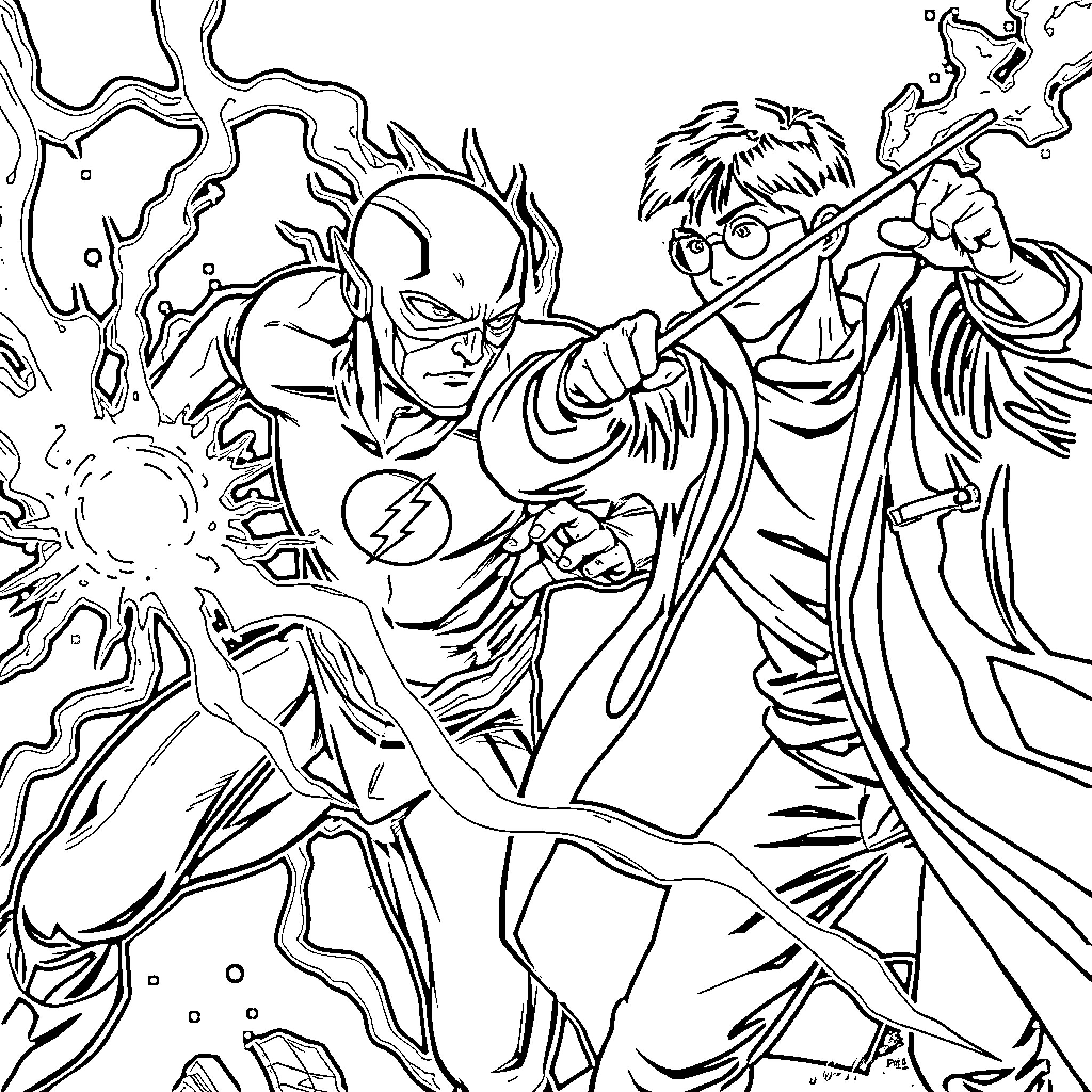 Flash of Heroic Feats and Magical Encounters Coloring Page (free black-and-white line drawing printable PDF for all, from beginners to advanced learners, including children, teens, adults, and seniors)