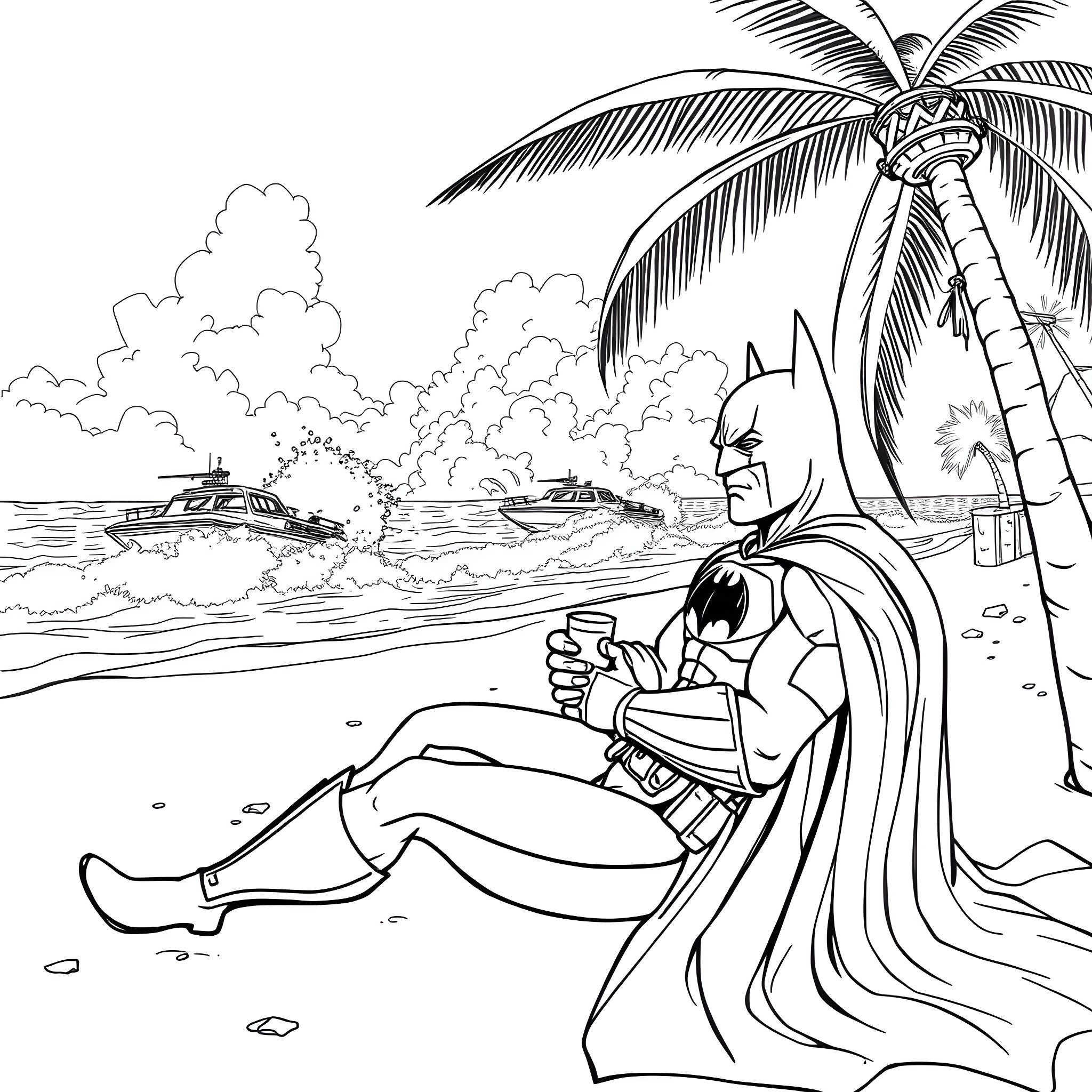 Batman relaxing on a tropical beach with speedboats Coloring Page (free black-and-white line drawing printable PDF for all, from beginners to advanced learners, including children, teens, adults, and seniors)