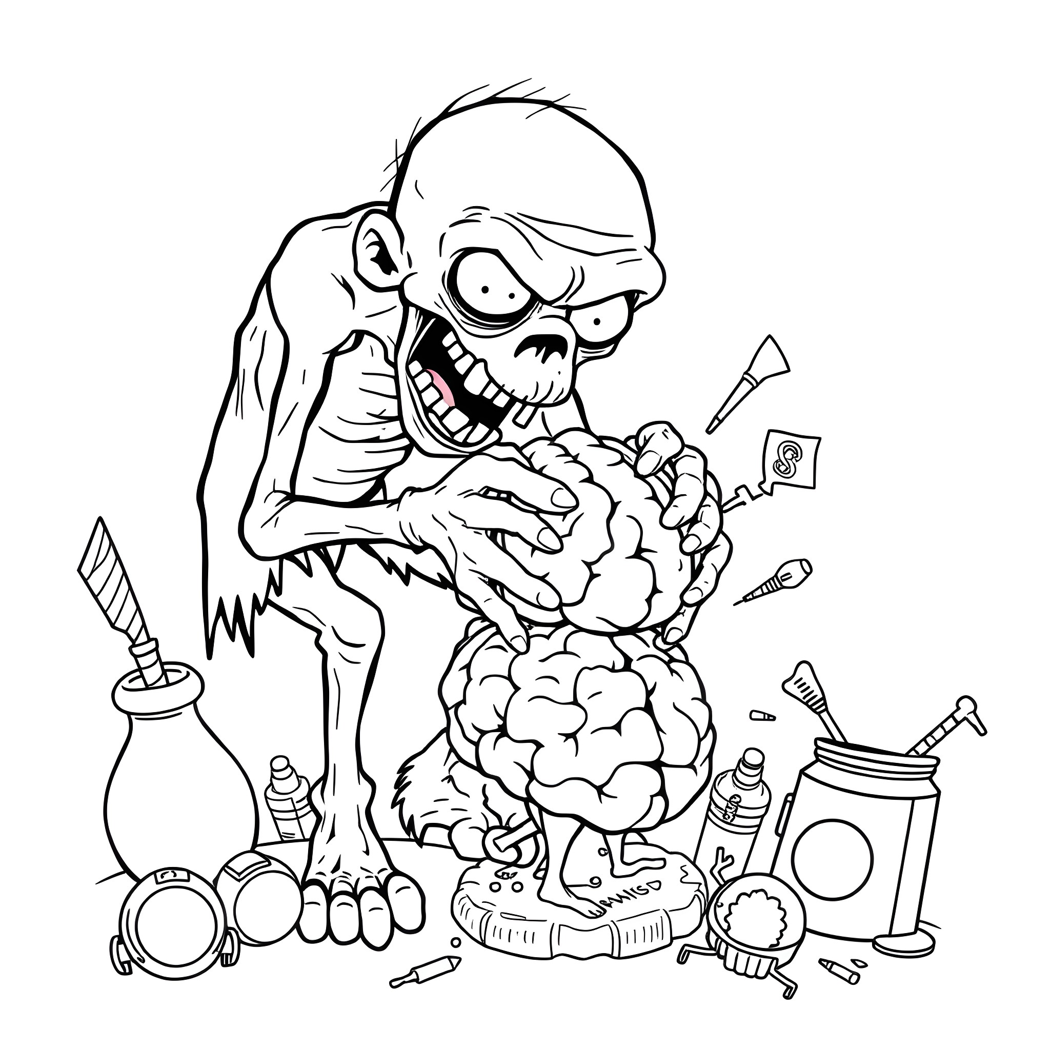 Zombie Mad Scientist Experimenting on Brain Coloring Page (free black-and-white line drawing printable PDF for all, from beginners to advanced learners, including children, teens, adults, and seniors)