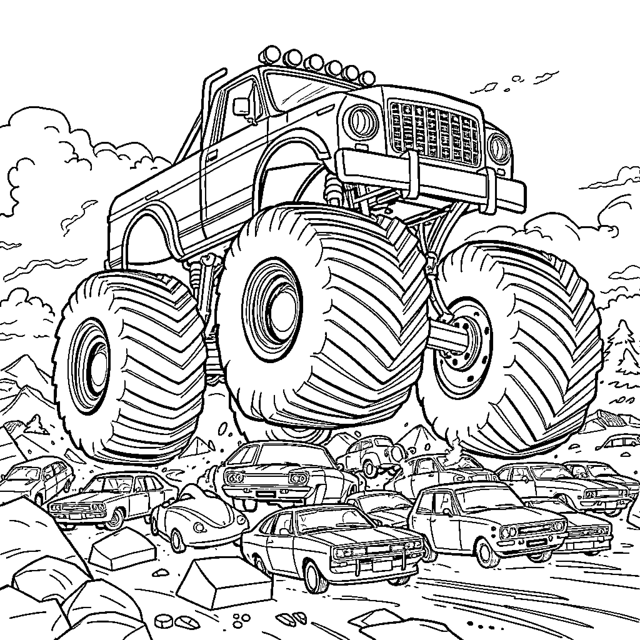 Monster Truck Crushing Small Cars in the Wilderness Coloring Page (free black-and-white line drawing printable PDF for all, from beginners to advanced learners, including children, teens, adults, and seniors)