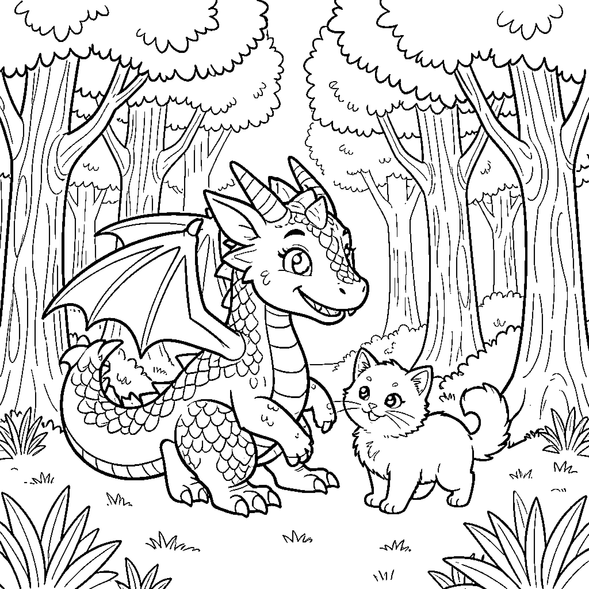 Dragon and Kitten in Magical Forest Coloring Page (free black-and-white line drawing printable PDF for all, from beginners to advanced learners, including children, teens, adults, and seniors)