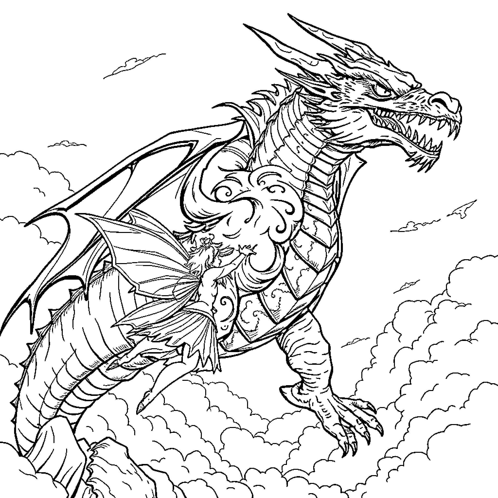 Fairy Dragon Soaring Through Cloudy Skies Coloring Page (free black-and-white line drawing printable PDF for all, from beginners to advanced learners, including children, teens, adults, and seniors)