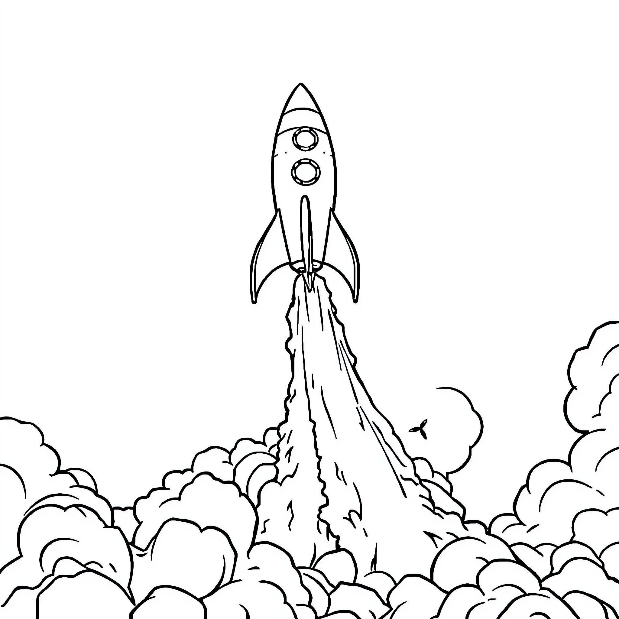 Rocket blasting off into the sky Coloring Page (free black-and-white line drawing printable PDF for all, from beginners to advanced learners, including children, teens, adults, and seniors)