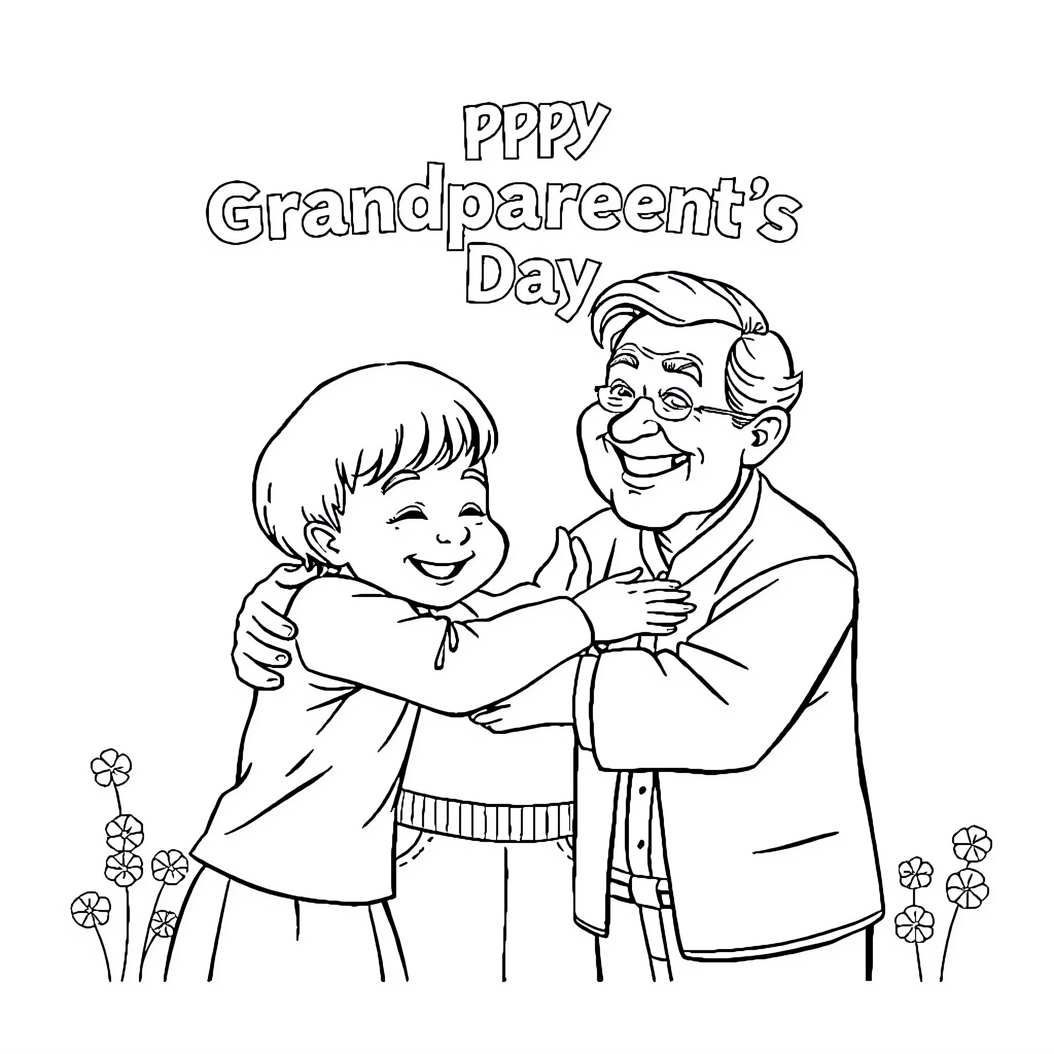 Kid hugging grandparent on Grandparent's Day Coloring Page (free black-and-white line drawing printable PDF for all, from beginners to advanced learners, including children, teens, adults, and seniors)
