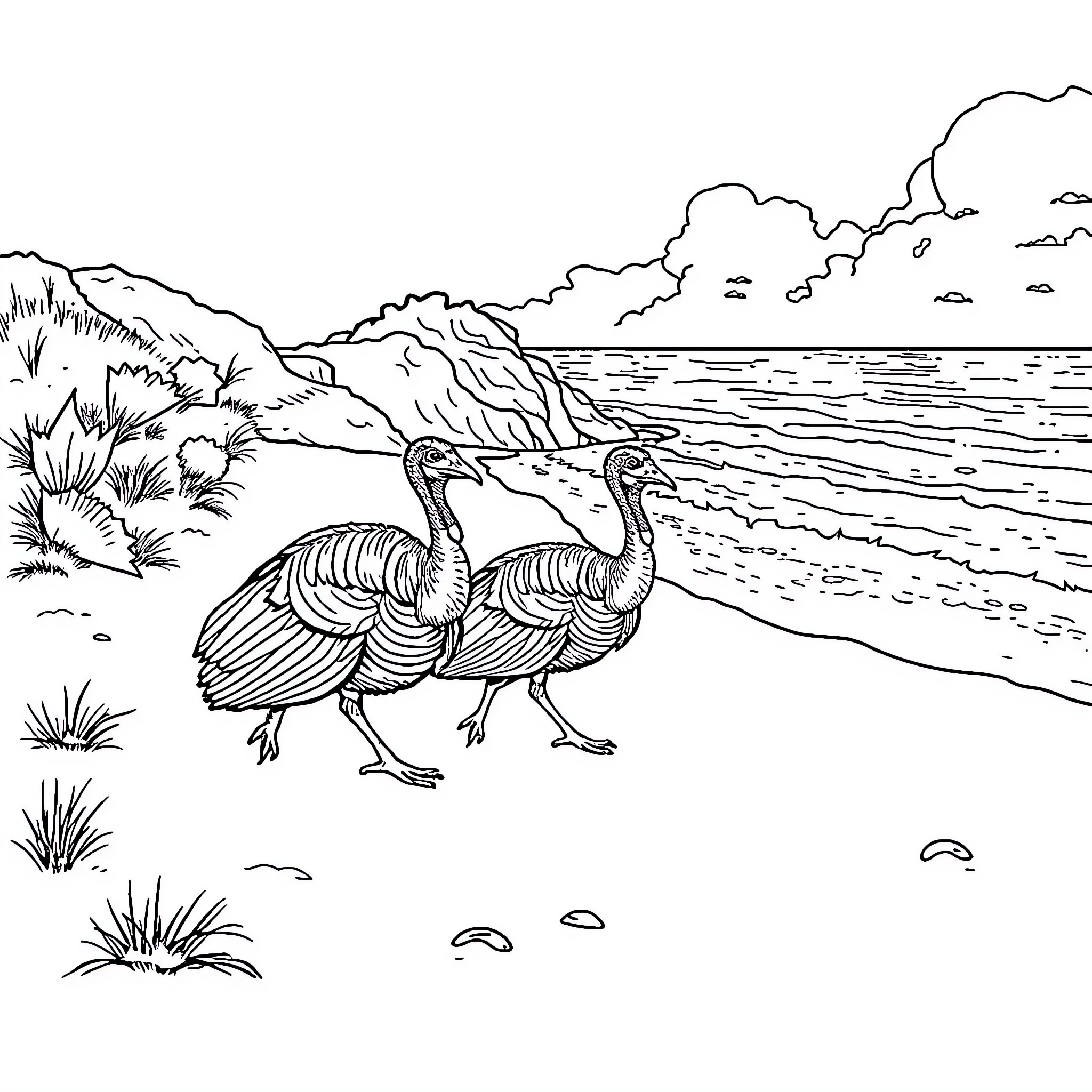 Turkey strolling along the coastal landscape Coloring Page (free black-and-white line drawing printable PDF for all, from beginners to advanced learners, including children, teens, adults, and seniors)