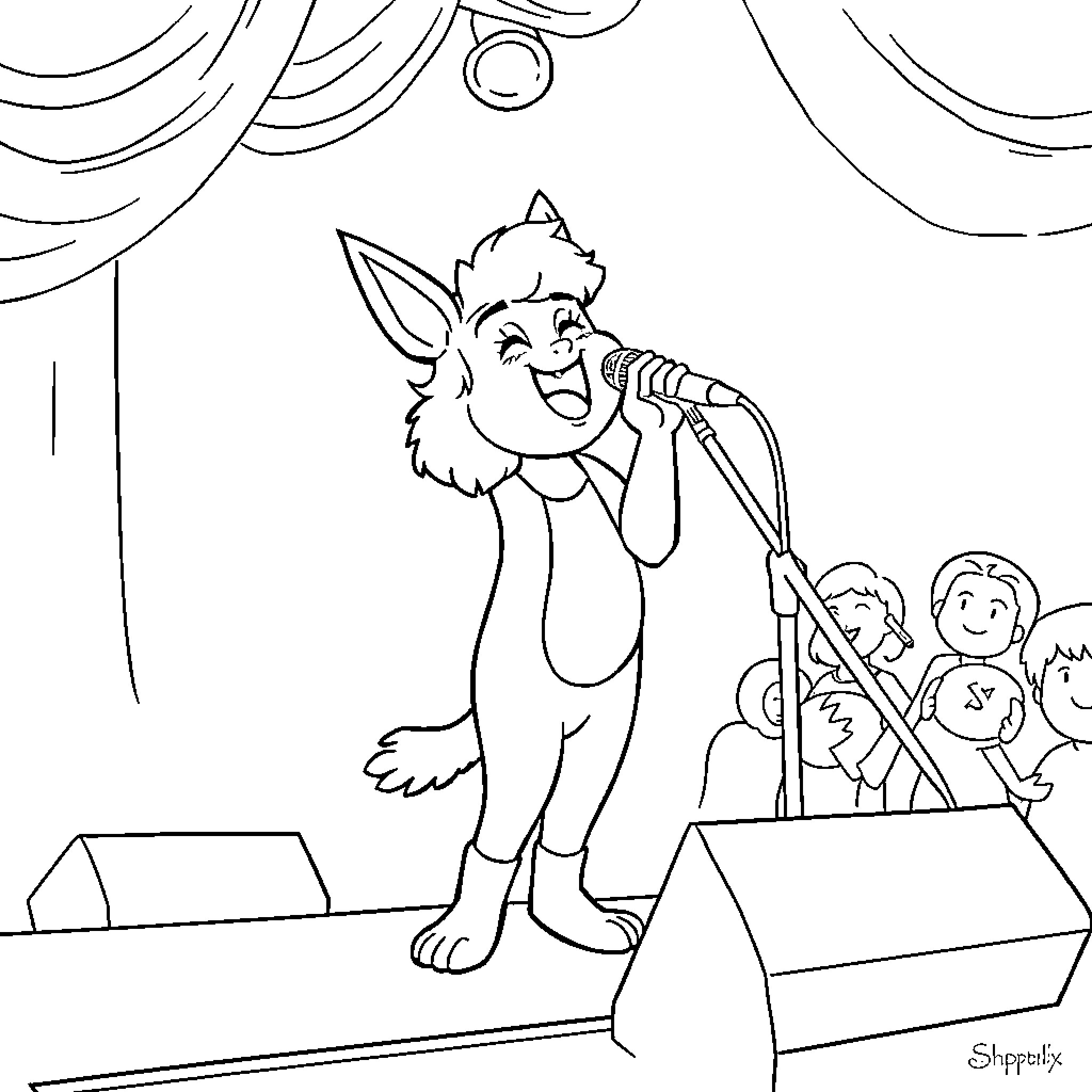 Huntrix Performing on Stage for Audience Coloring Page (free black-and-white line drawing printable PDF for all, from beginners to advanced learners, including children, teens, adults, and seniors)