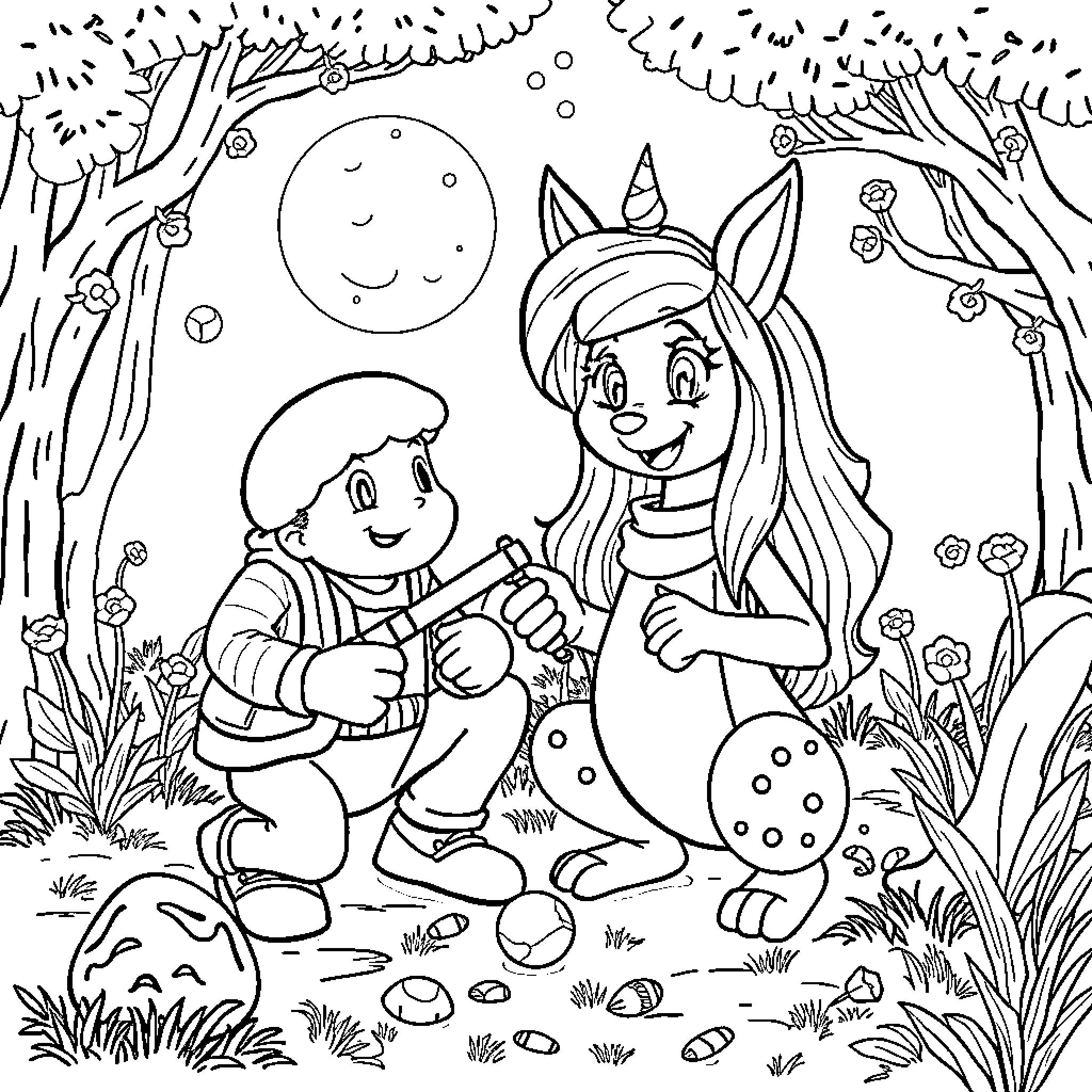 Huntrix's Whimsical Forest Adventure Coloring Page (free black-and-white line drawing printable PDF for all, from beginners to advanced learners, including children, teens, adults, and seniors)