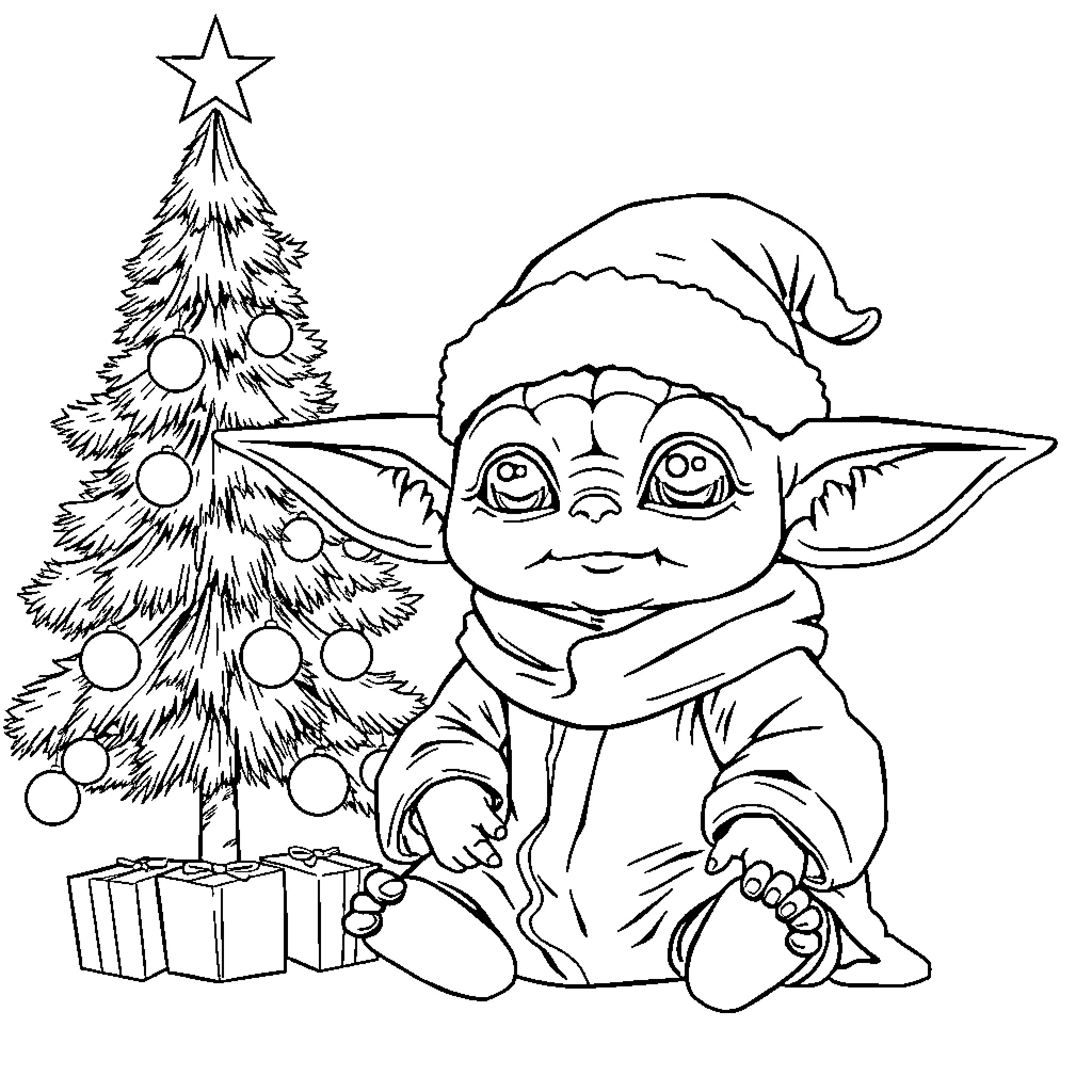 Baby Yoda decorating a Christmas tree with presents Coloring Page (free black-and-white line drawing printable PDF for all, from beginners to advanced learners, including children, teens, adults, and seniors)