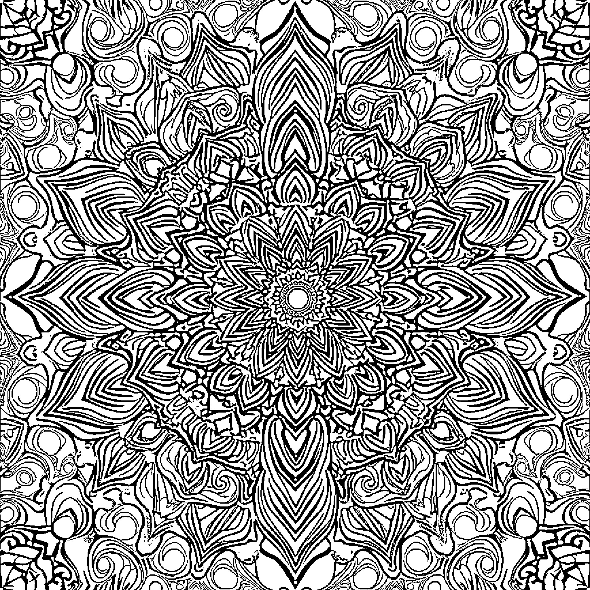 Mandala of Intricate Symmetrical Patterns Coloring Page (free black-and-white line drawing printable PDF for all, from beginners to advanced learners, including children, teens, adults, and seniors)