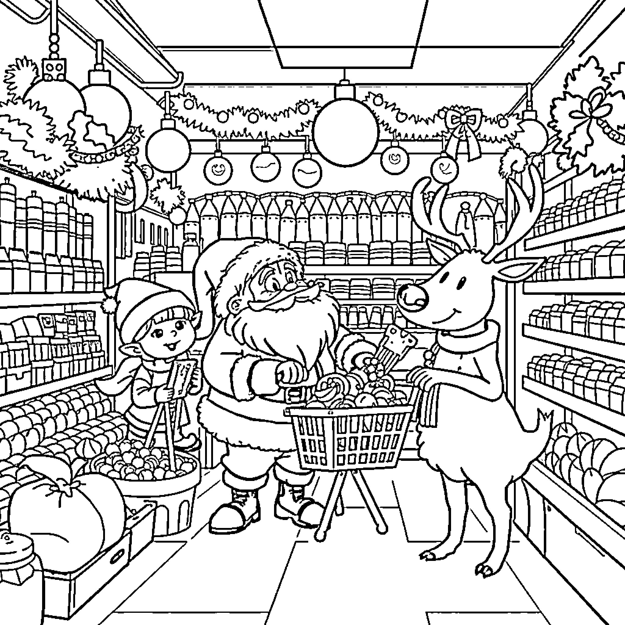 Santa and child shopping in festively decorated store Coloring Page (free black-and-white line drawing printable PDF for all, from beginners to advanced learners, including children, teens, adults, and seniors)