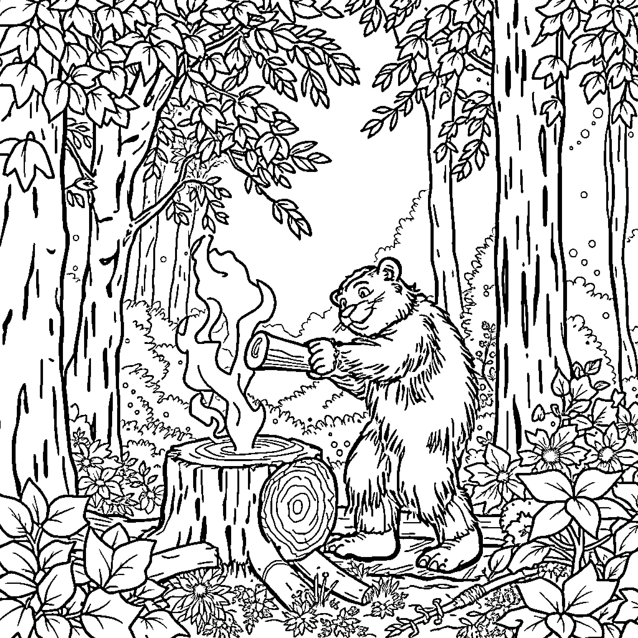 Bûcheron carving wood in a lush forest landscape Coloring Page (free black-and-white line drawing printable PDF for all, from beginners to advanced learners, including children, teens, adults, and seniors)