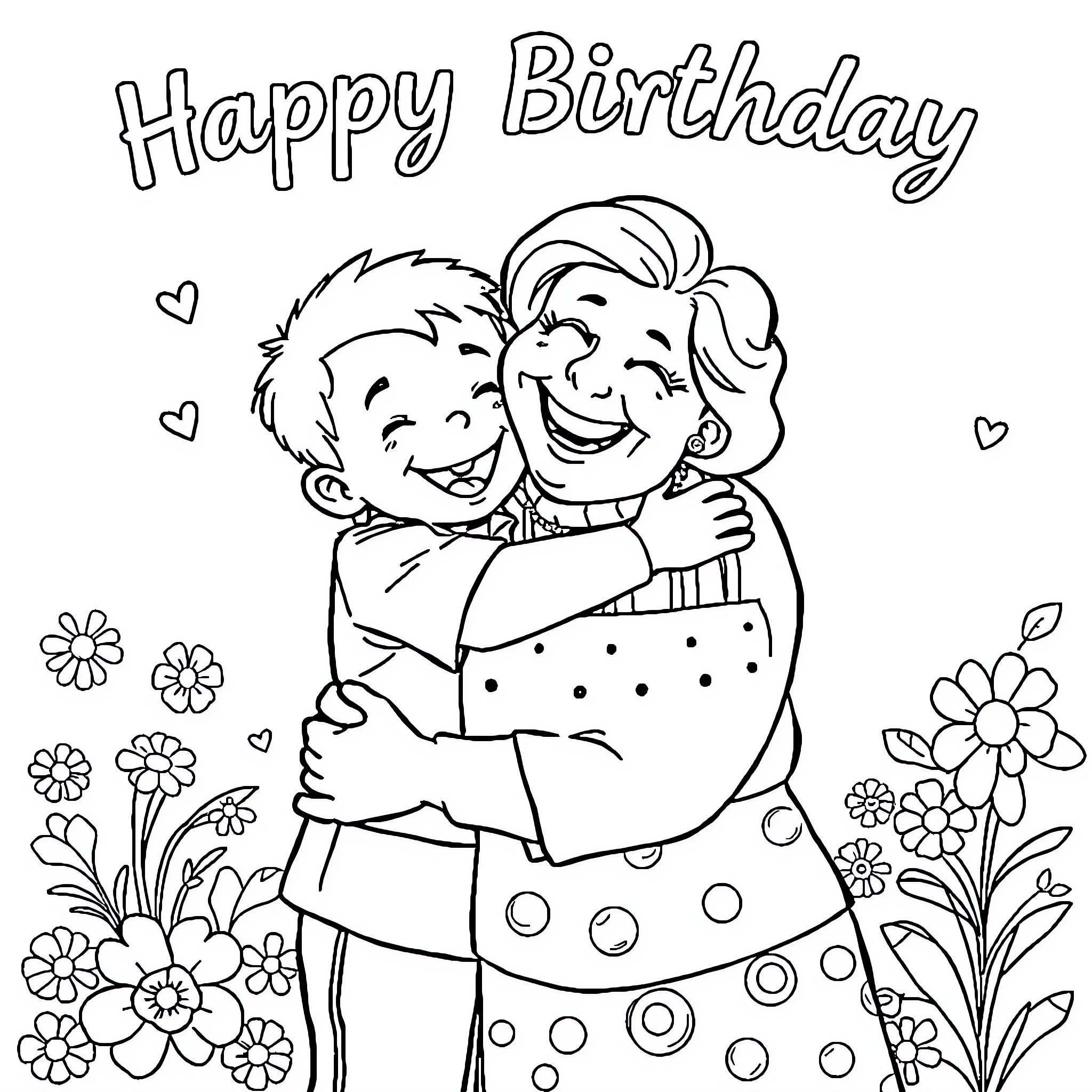 Grandson celebrating happy birthday with grandmother Coloring Page (free black-and-white line drawing printable PDF for all, from beginners to advanced learners, including children, teens, adults, and seniors)