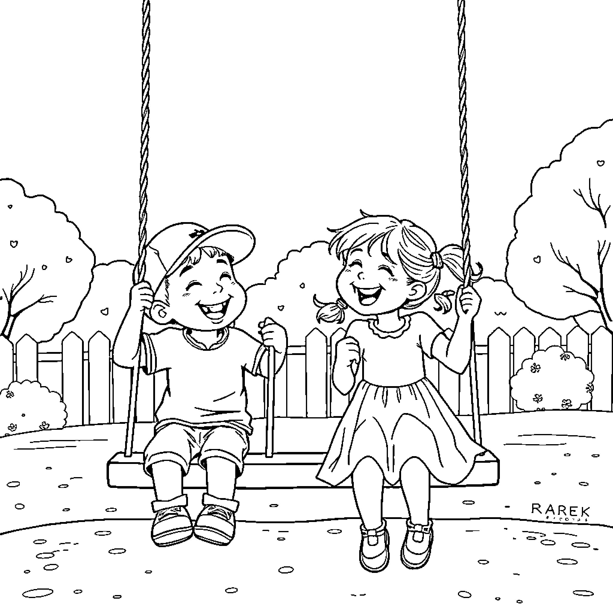 Children swinging joyfully on a playground Coloring Page (free black-and-white line drawing printable PDF for all, from beginners to advanced learners, including children, teens, adults, and seniors)