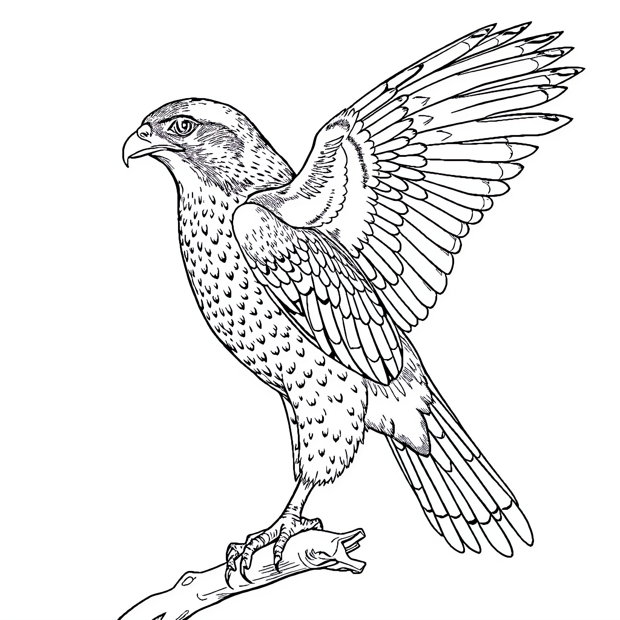 Hawk in flight with outstretched wings Coloring Page (free black-and-white line drawing printable PDF for all, from beginners to advanced learners, including children, teens, adults, and seniors)