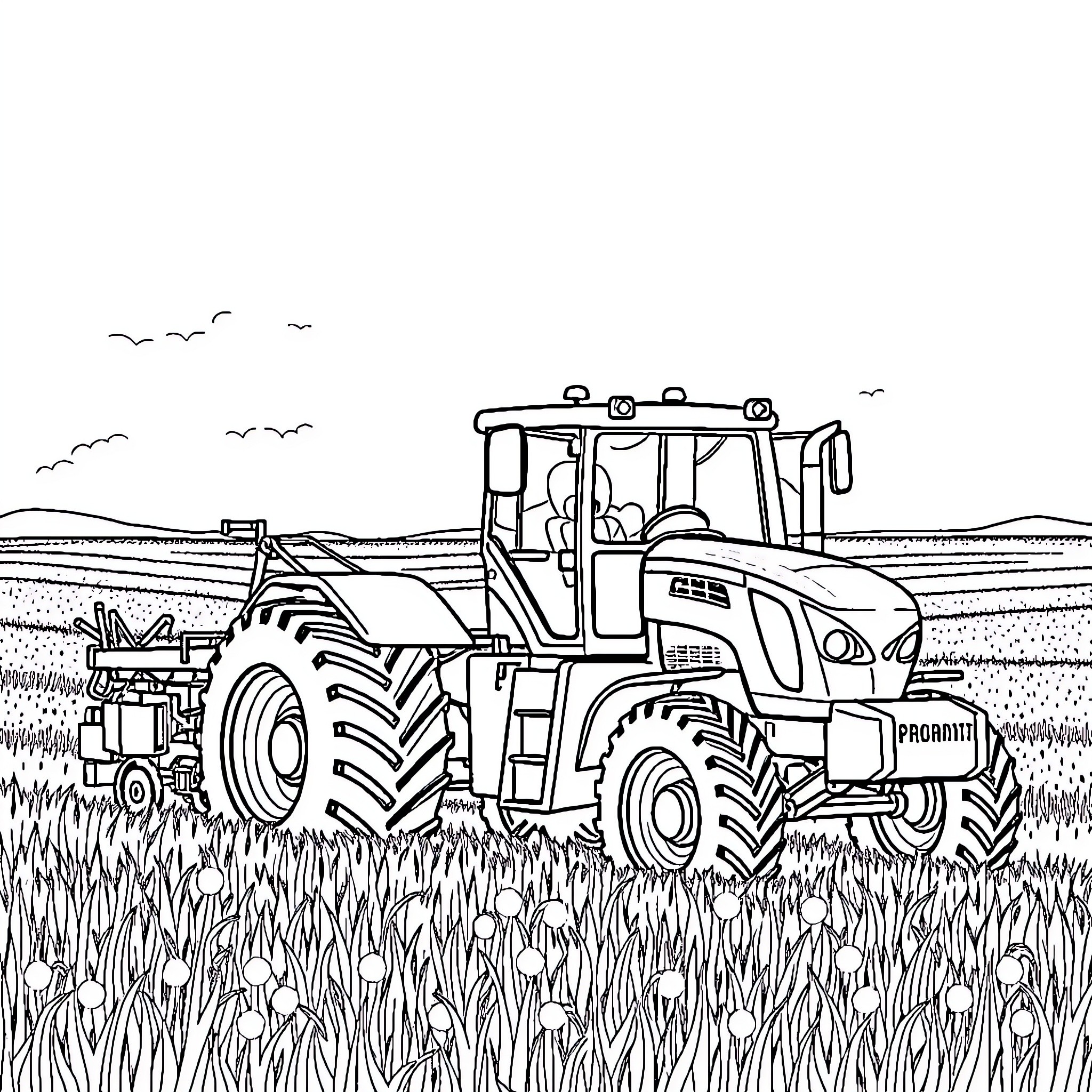Tractor working diligently in the vast field Coloring Page (free black-and-white line drawing printable PDF for all, from beginners to advanced learners, including children, teens, adults, and seniors)