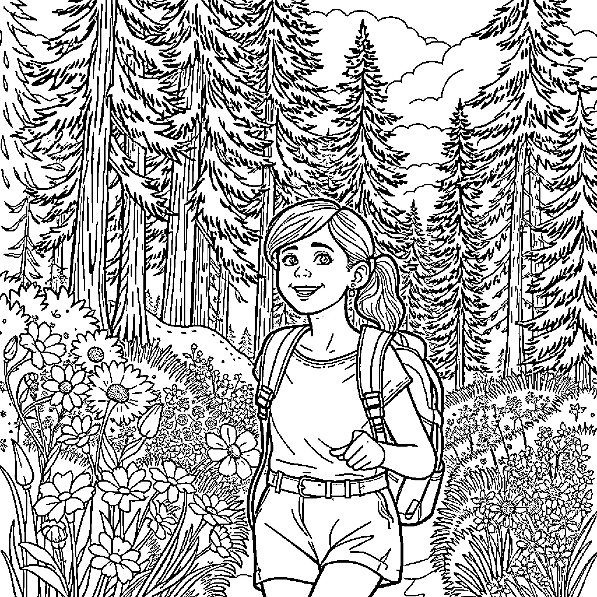 Girl exploring the beautiful forest landscape Coloring Page (free black-and-white line drawing printable PDF for all, from beginners to advanced learners, including children, teens, adults, and seniors)