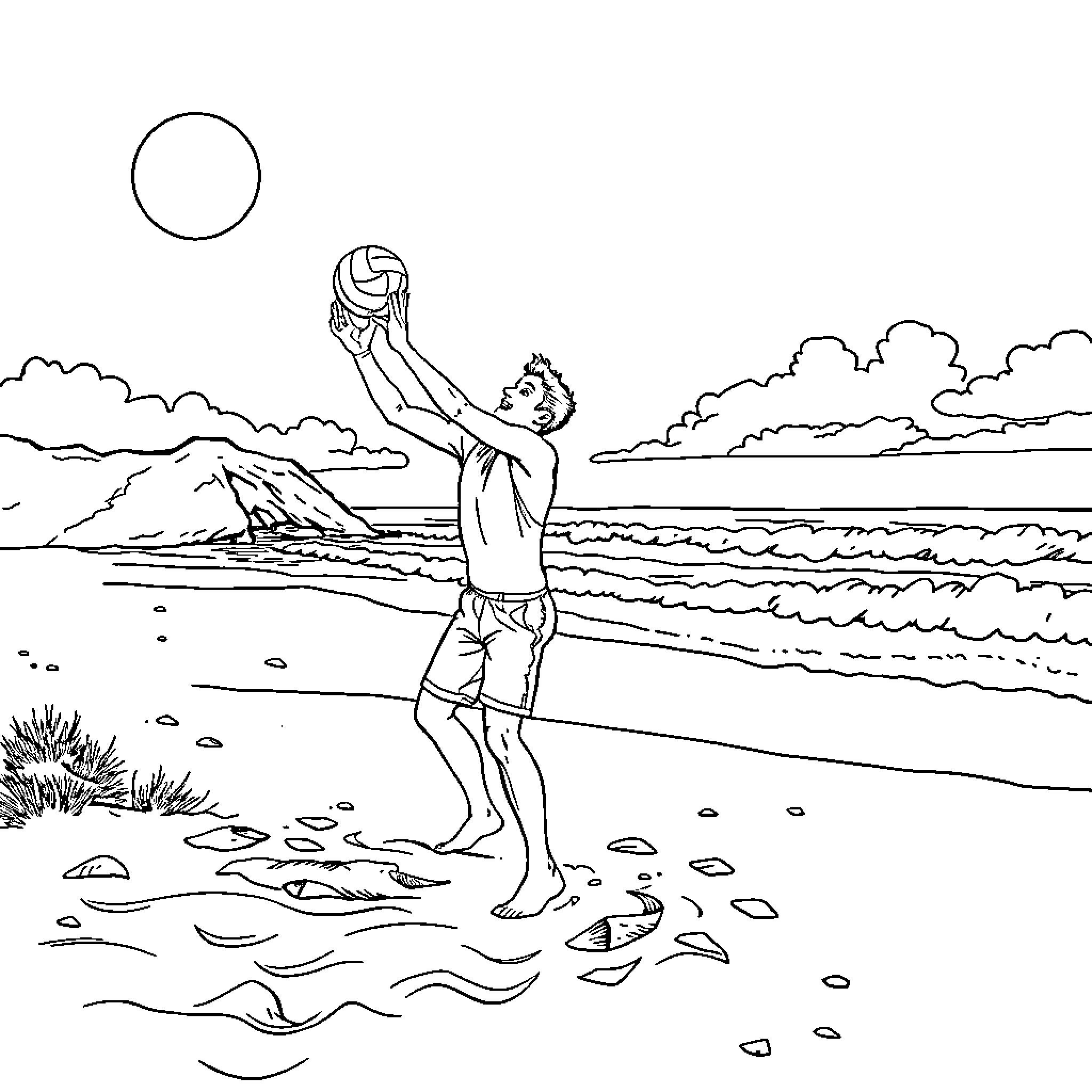 Nathan Cleary playing with volleyball on the beach Coloring Page (free black-and-white line drawing printable PDF for all, from beginners to advanced learners, including children, teens, adults, and seniors)