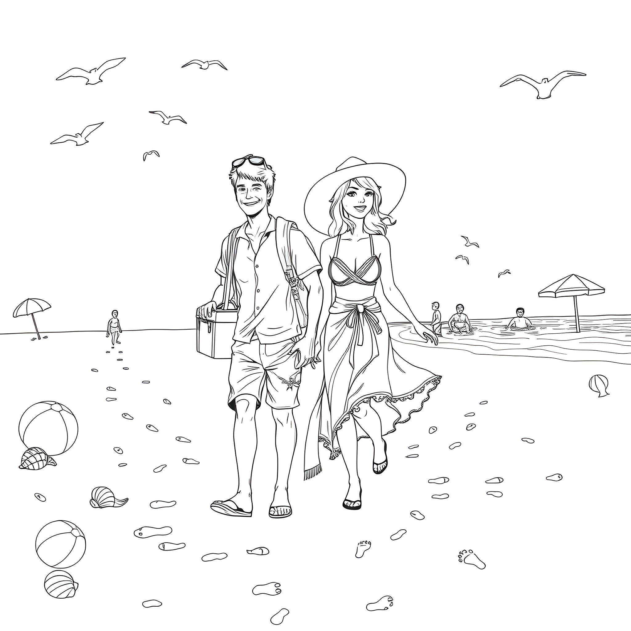 Beach couple enjoying a day out with seagulls Coloring Page (free black-and-white line drawing printable PDF for all, from beginners to advanced learners, including children, teens, adults, and seniors)