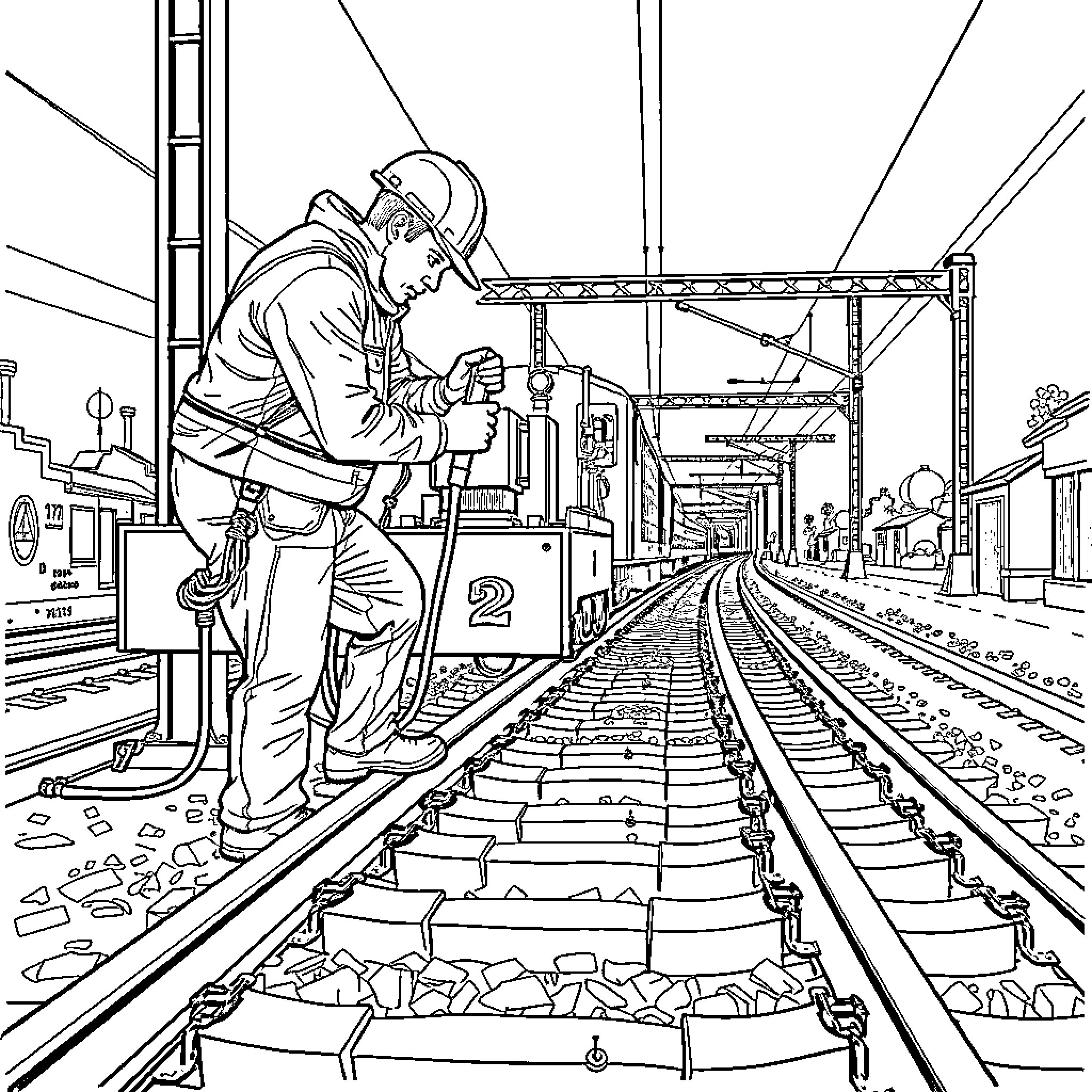 Train worker inspecting railway tracks in station Coloring Page (free black-and-white line drawing printable PDF for all, from beginners to advanced learners, including children, teens, adults, and seniors)