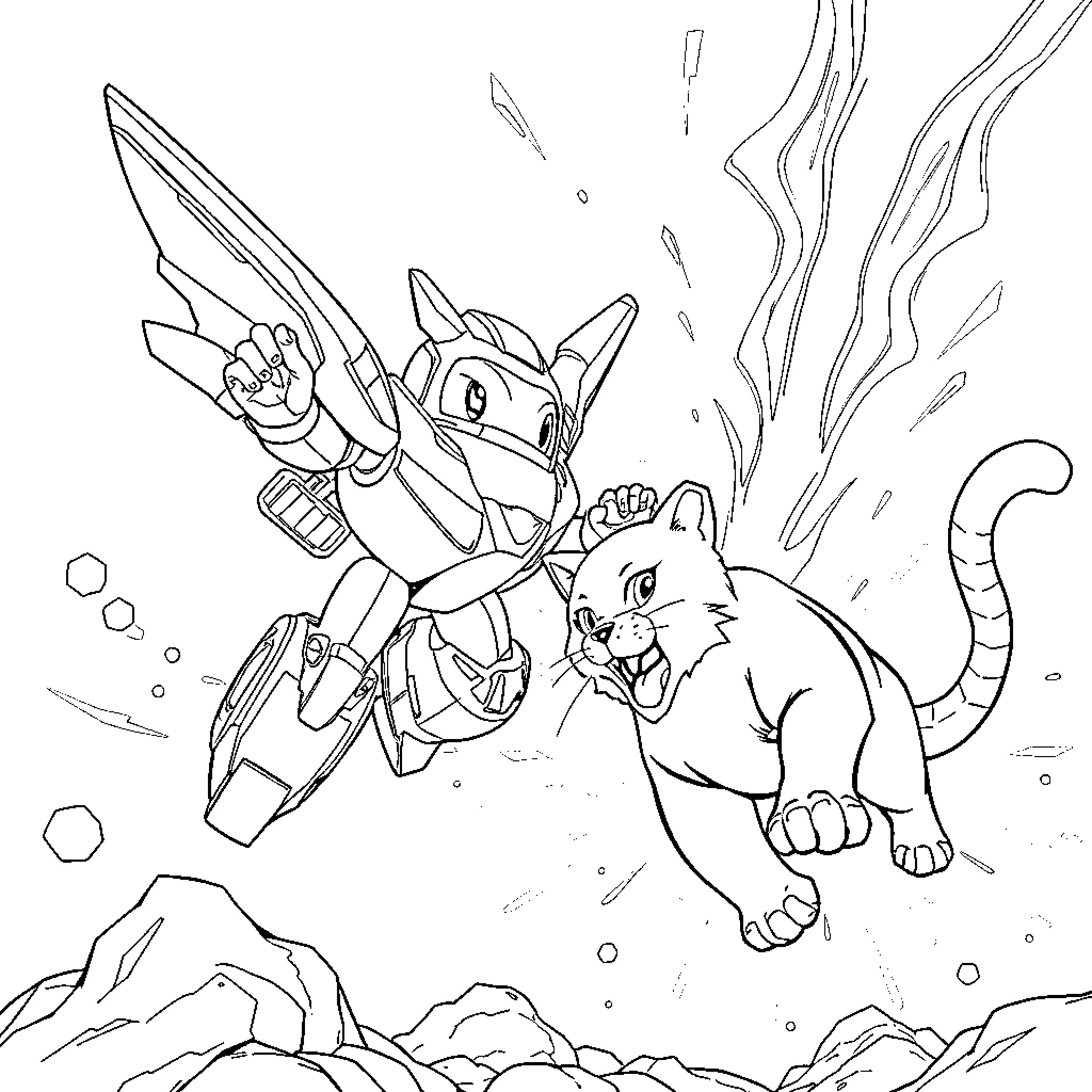 Robot and cat battling in futuristic landscape Coloring Page (free black-and-white line drawing printable PDF for all, from beginners to advanced learners, including children, teens, adults, and seniors)