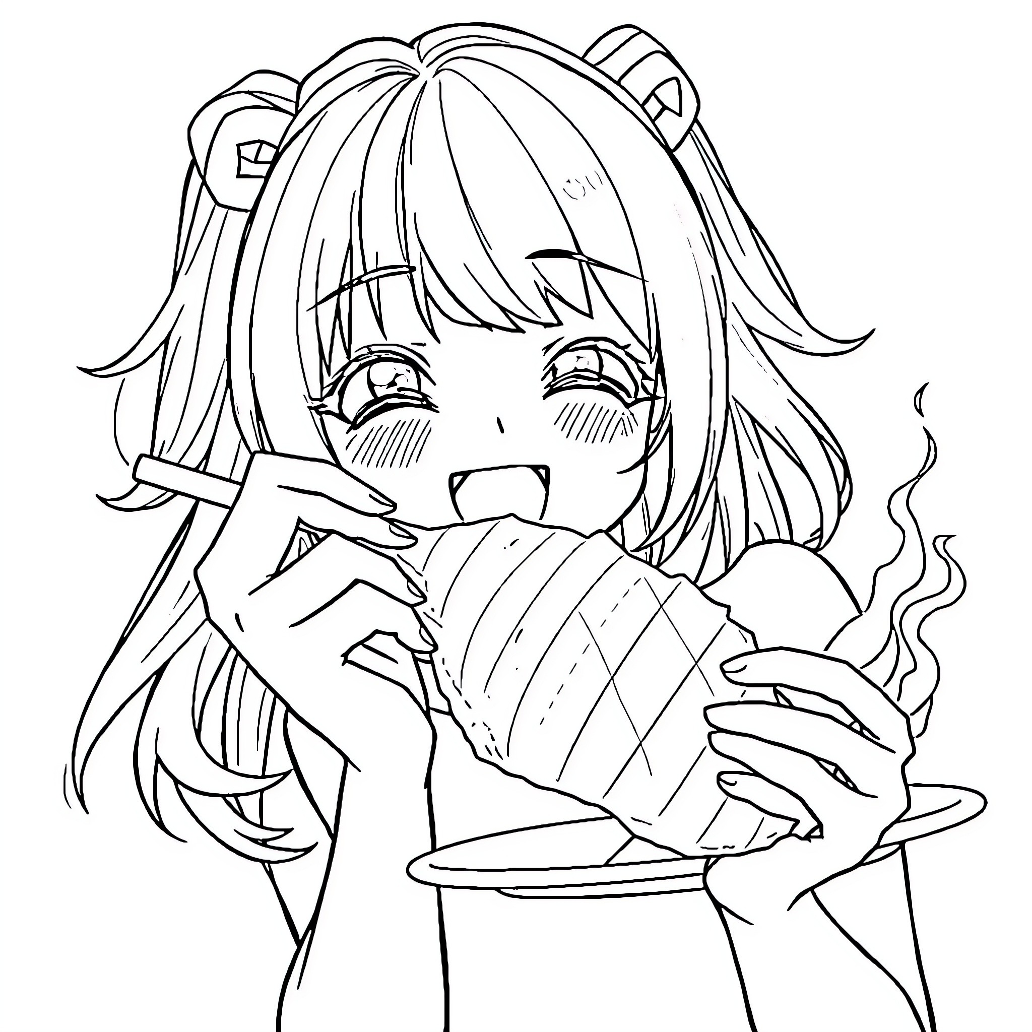 Anime Girl Enjoying a Warm Beverage Coloring Page (free black-and-white line drawing printable PDF for all, from beginners to advanced learners, including children, teens, adults, and seniors)