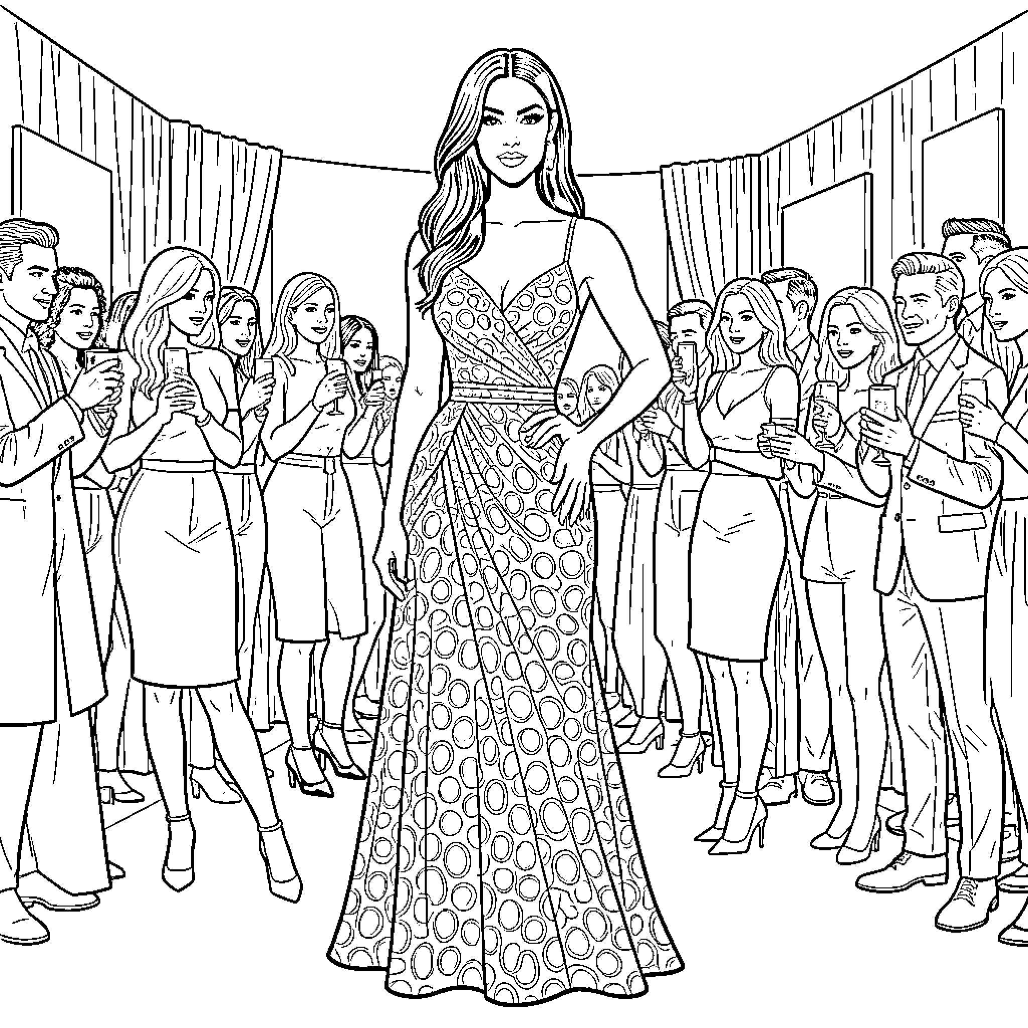 Kim Kardashian posing in a patterned gown at a party Coloring Page (free black-and-white line drawing printable PDF for all, from beginners to advanced learners, including children, teens, adults, and seniors)