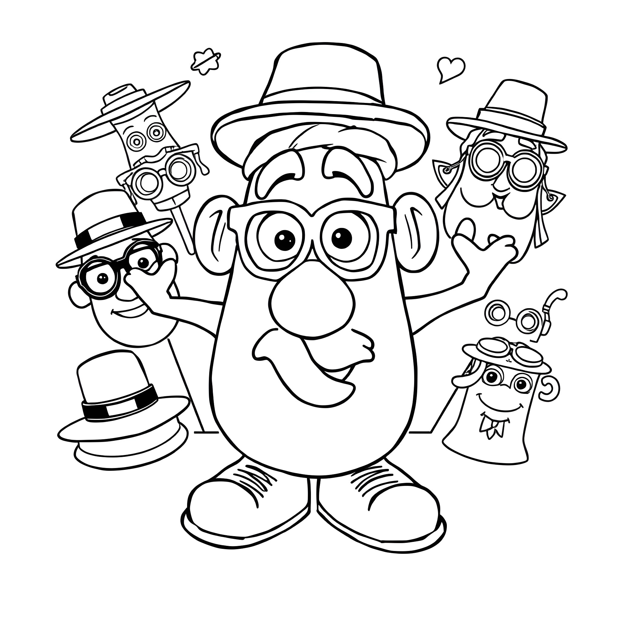Mr. Potato Head having fun with friends in different outfits Coloring Page (free black-and-white line drawing printable PDF for all, from beginners to advanced learners, including children, teens, adults, and seniors)