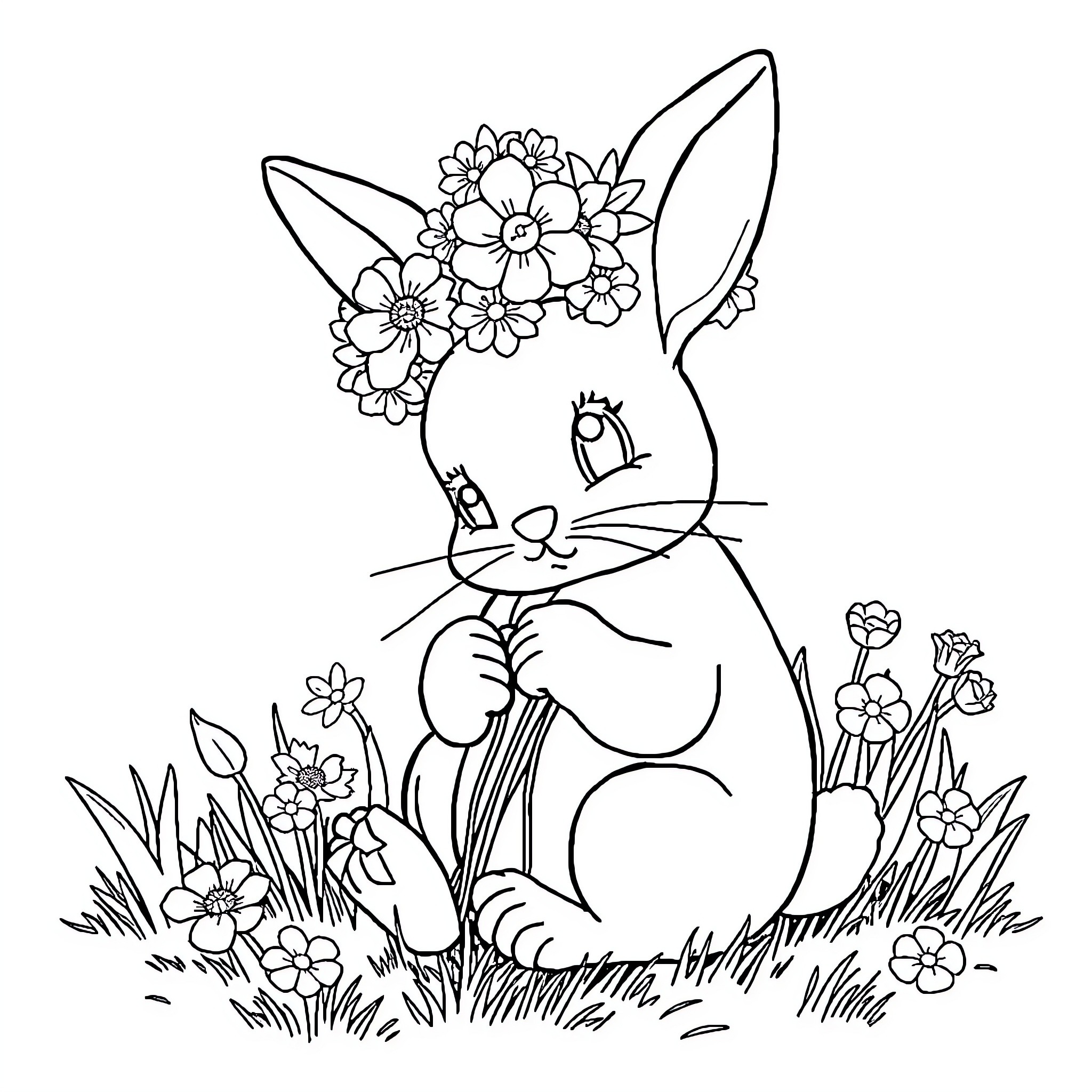 Bunny wearing flower crown in blooming garden Coloring Page (free black-and-white line drawing printable PDF for all, from beginners to advanced learners, including children, teens, adults, and seniors)