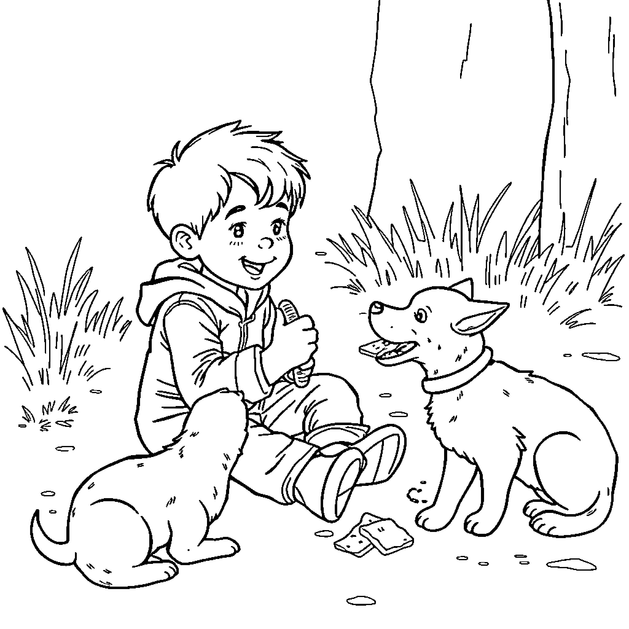 Kid playing with friendly dog in the grass Coloring Page (free black-and-white line drawing printable PDF for all, from beginners to advanced learners, including children, teens, adults, and seniors)
