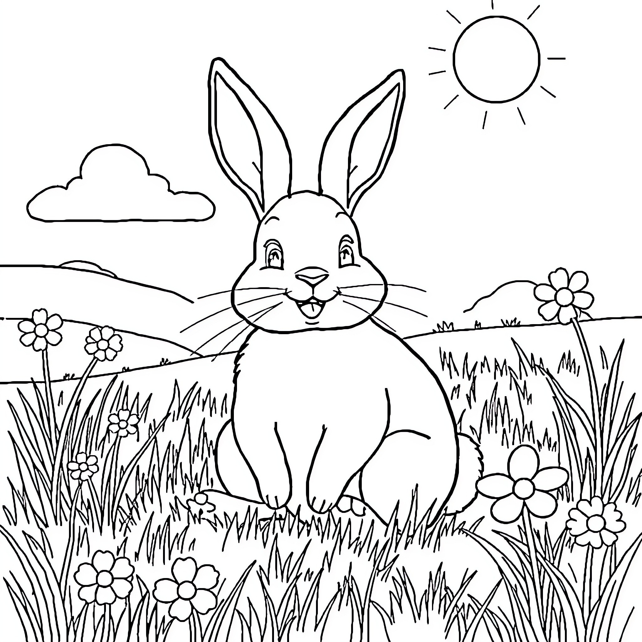 Rabbit enjoying sunny day in flower meadow Coloring Page (free black-and-white line drawing printable PDF for all, from beginners to advanced learners, including children, teens, adults, and seniors)