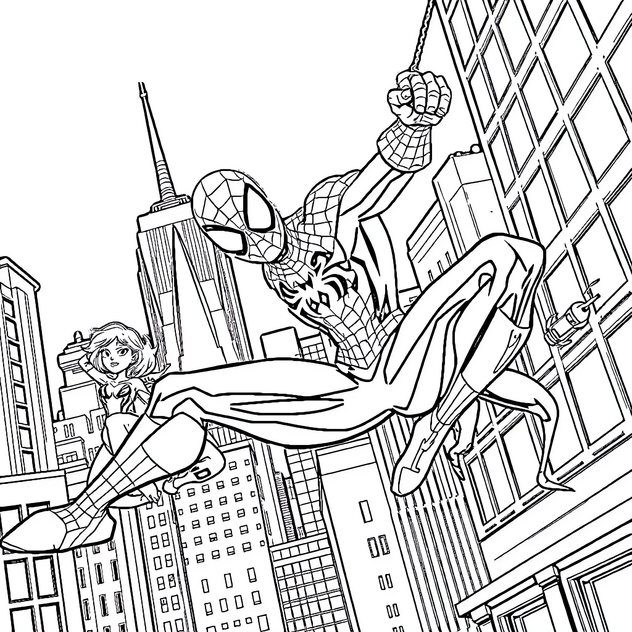 Spider-Person swinging through the city skyline Coloring Page (free black-and-white line drawing printable PDF for all, from beginners to advanced learners, including children, teens, adults, and seniors)