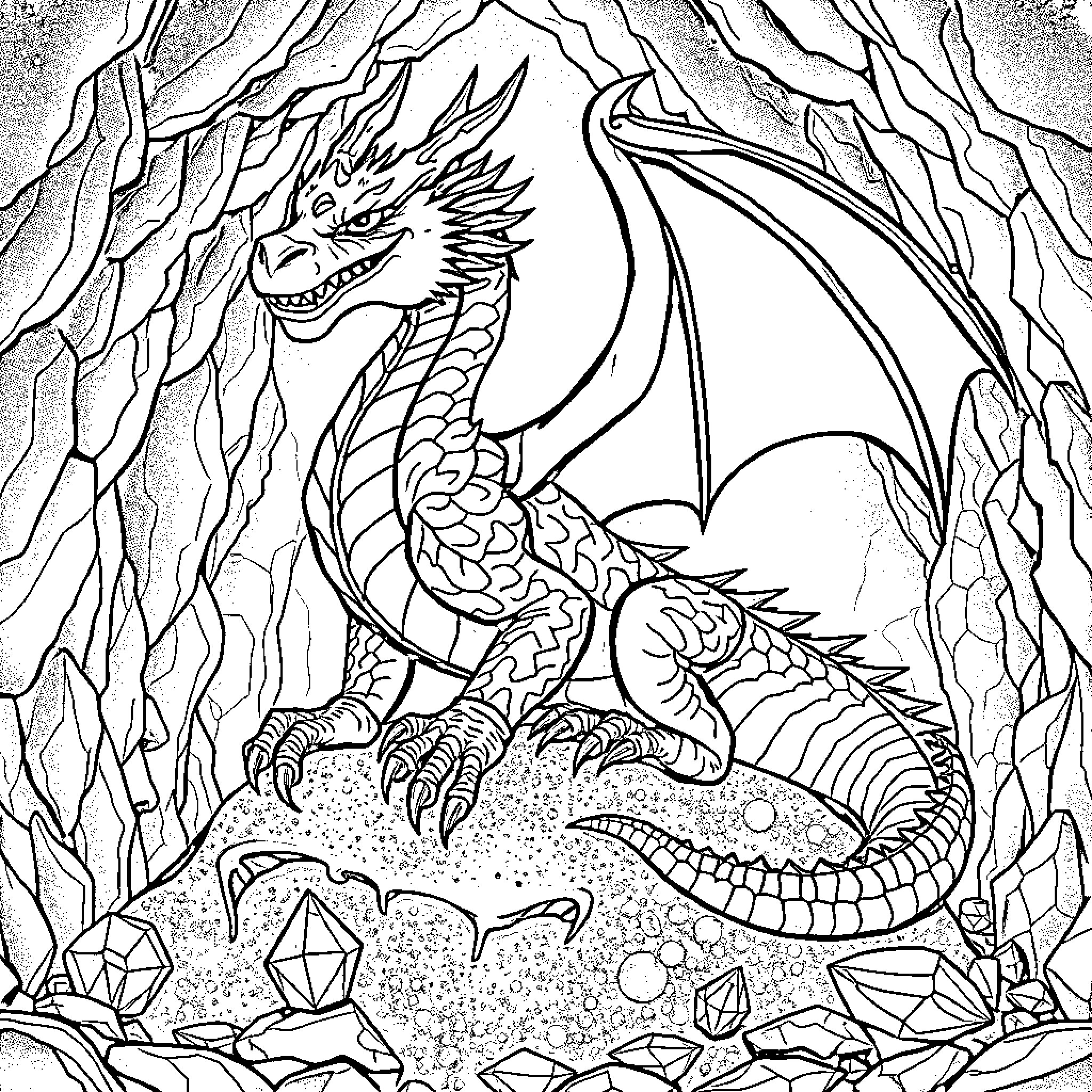 Dragon Guarding a Hoard of Treasures Coloring Page (free black-and-white line drawing printable PDF for all, from beginners to advanced learners, including children, teens, adults, and seniors)