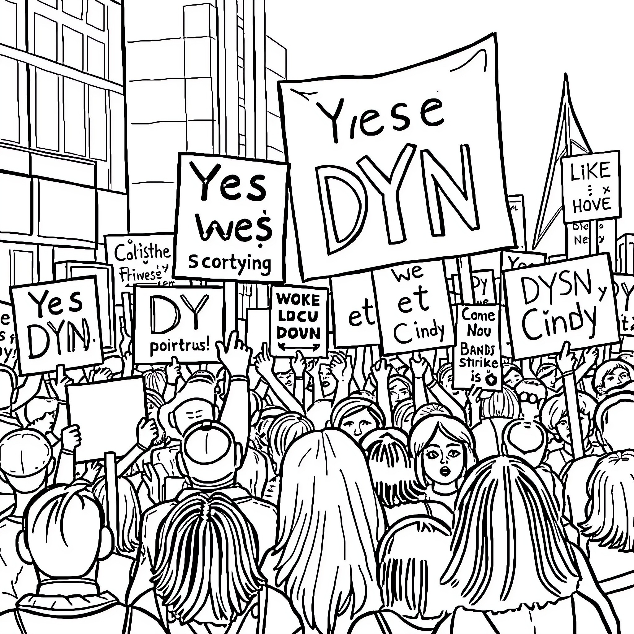 Strike for Equality and Justice in Crowd Protest Coloring Page (free black-and-white line drawing printable PDF for all, from beginners to advanced learners, including children, teens, adults, and seniors)