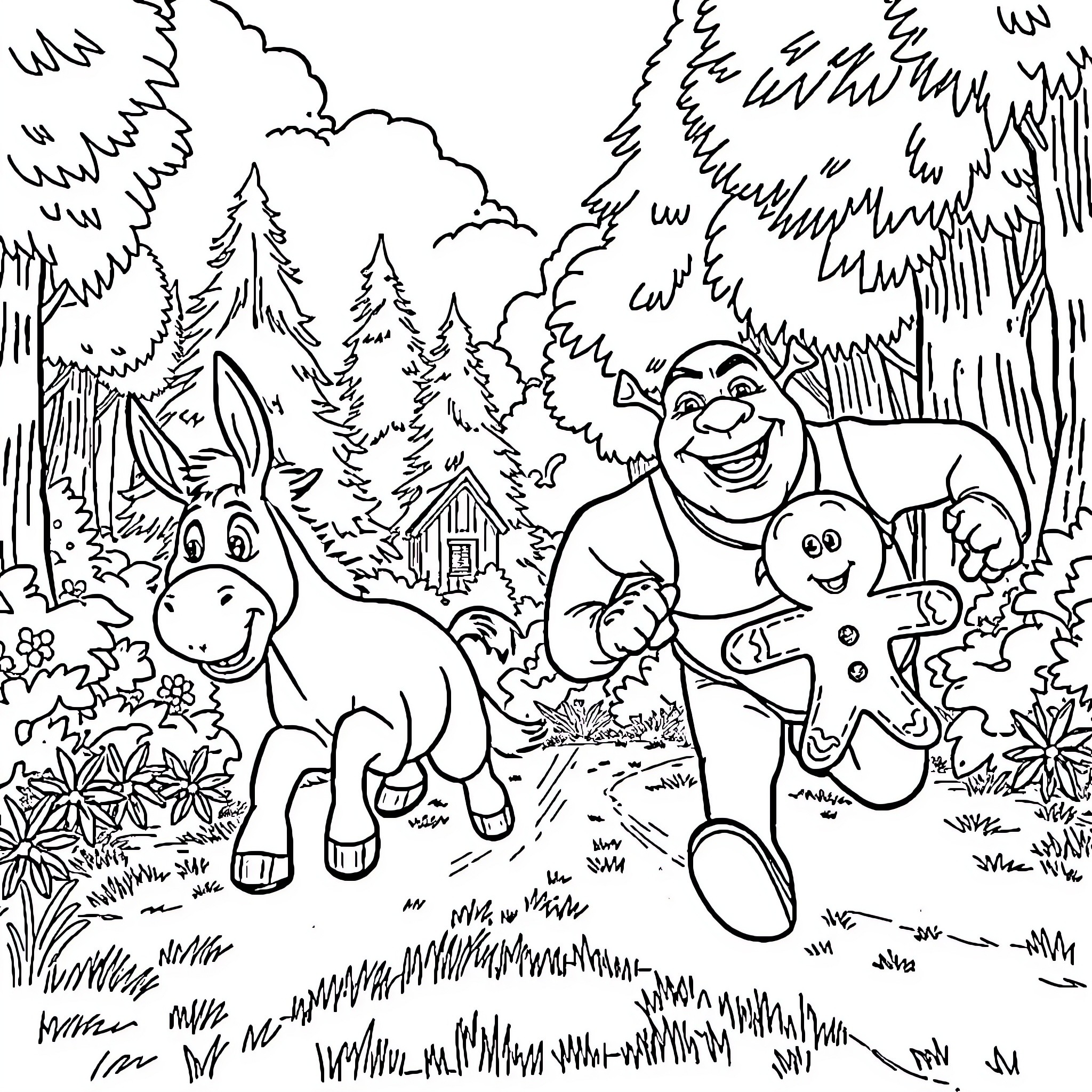 Donkey and Snowman Enjoying Outdoor Adventure Coloring Page (free black-and-white line drawing printable PDF for all, from beginners to advanced learners, including children, teens, adults, and seniors)