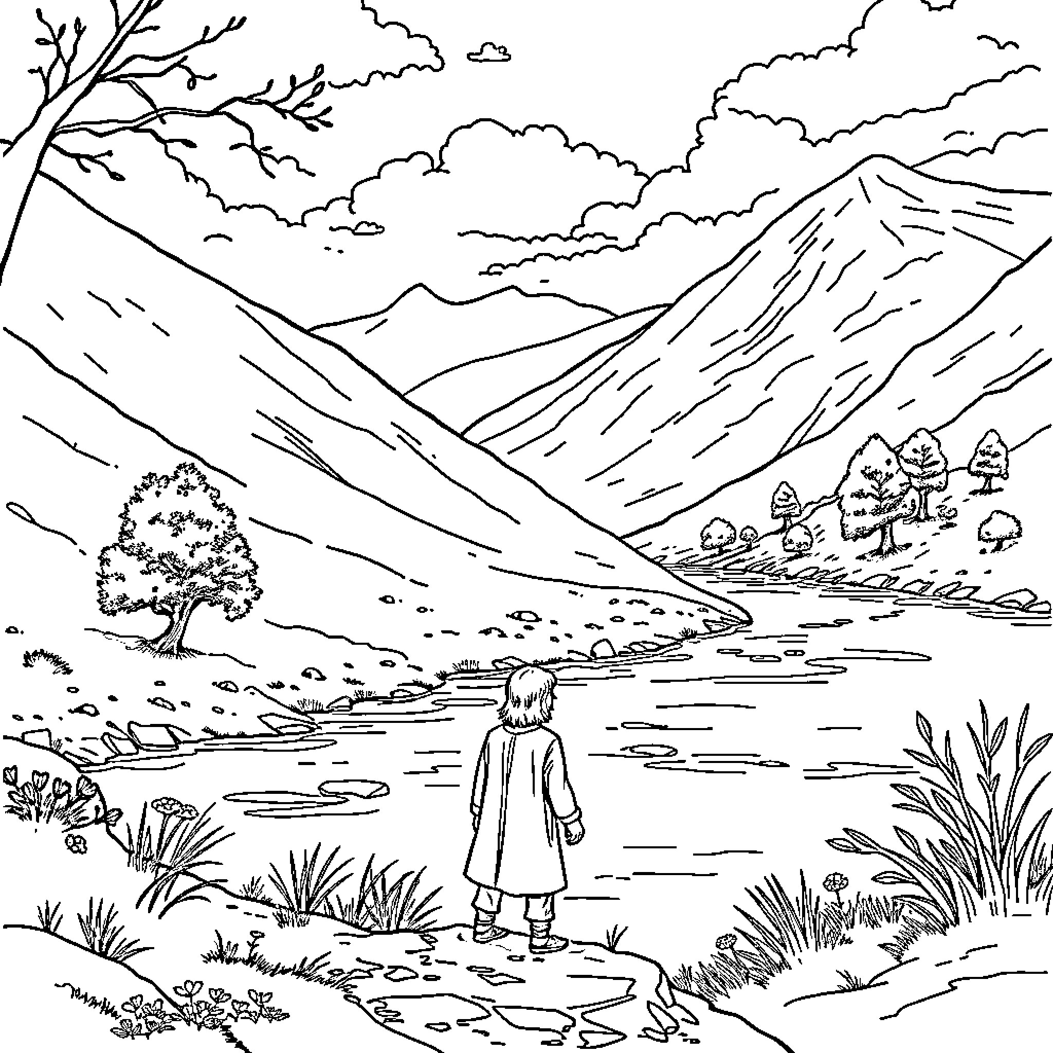 Frodo journeying through the serene landscape Coloring Page (free black-and-white line drawing printable PDF for all, from beginners to advanced learners, including children, teens, adults, and seniors)