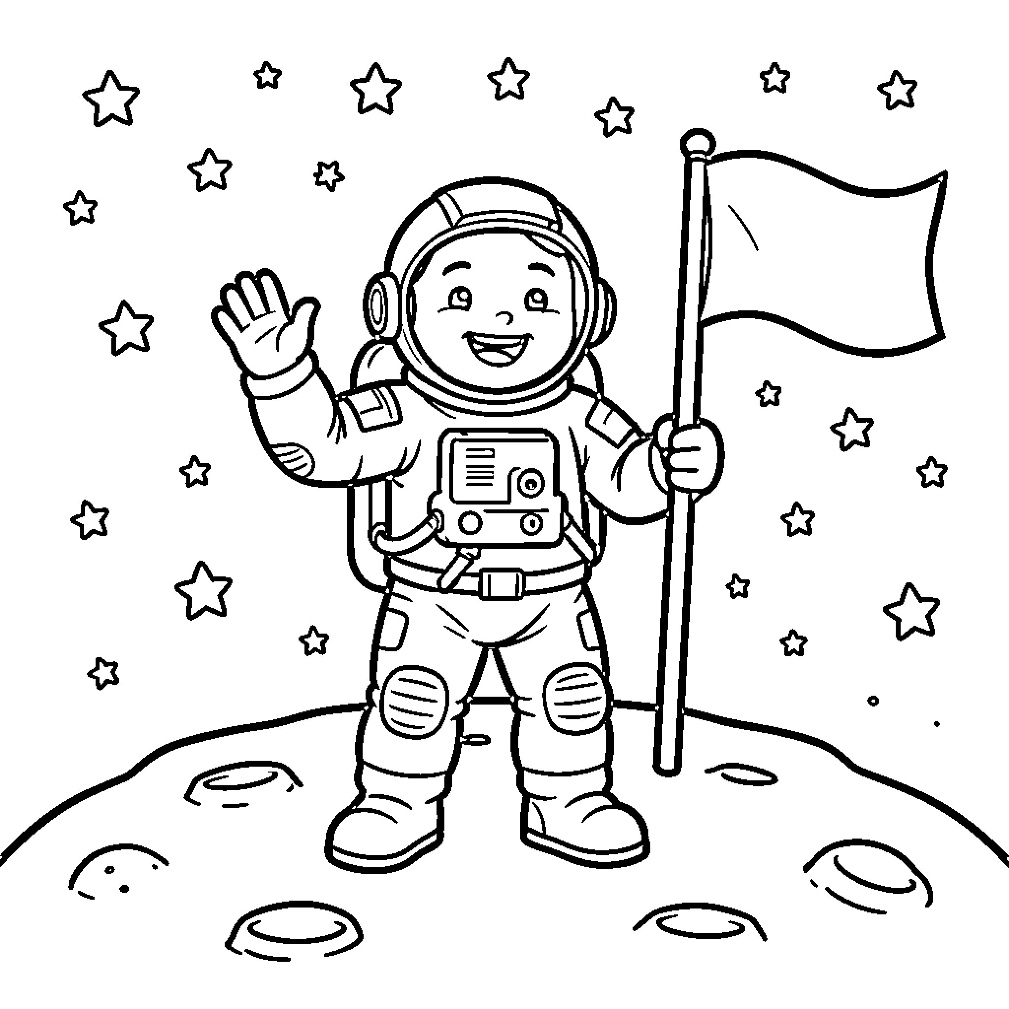 Astronaut waving happily while holding a flag on the moon Coloring Page (free black-and-white line drawing printable PDF for all, from beginners to advanced learners, including children, teens, adults, and seniors)